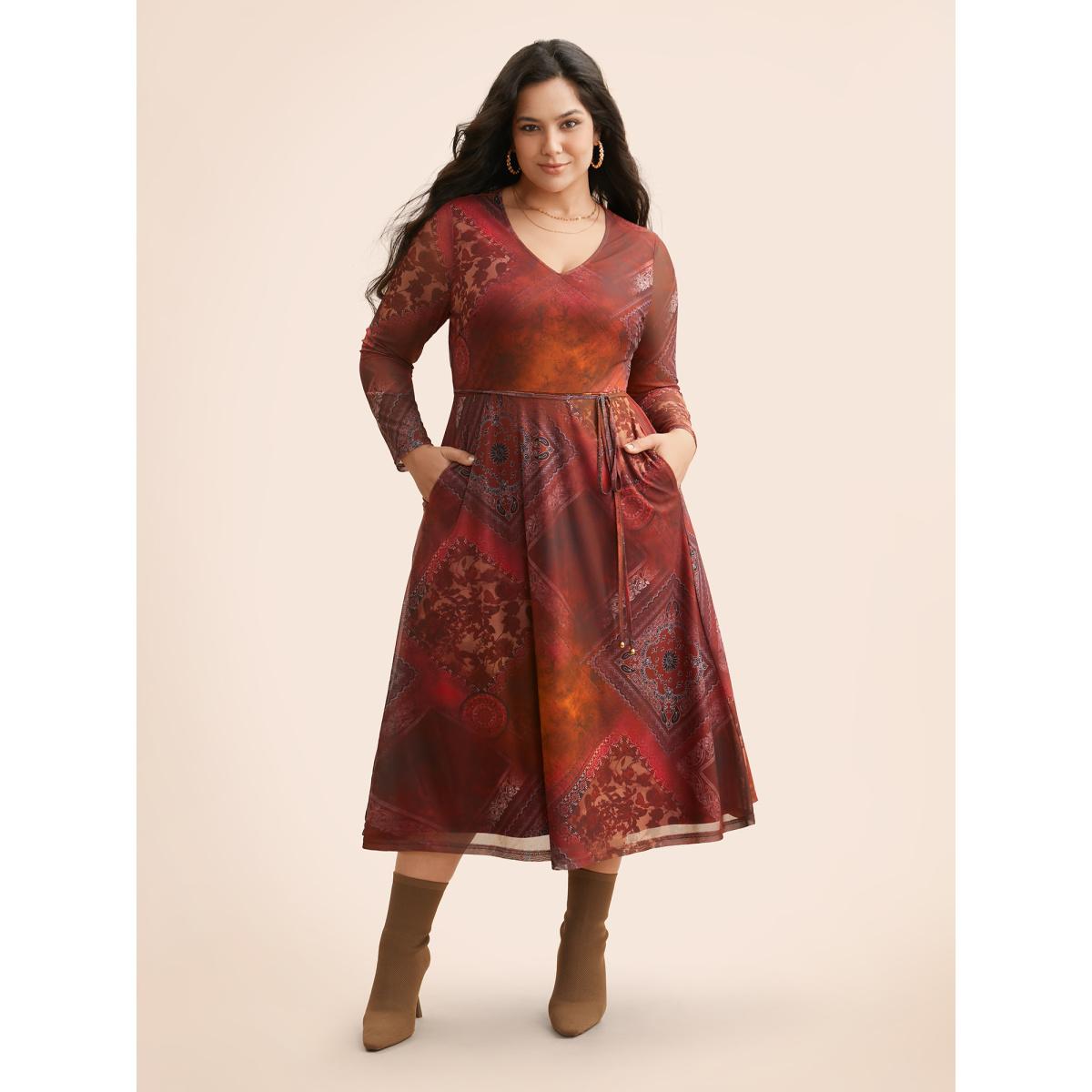Plus Size Boho Print Belted Mesh Midi Dress Russet Women Elegant See through V-neck Long Sleeve Curvy BloomChic 14-16/1X Product Image