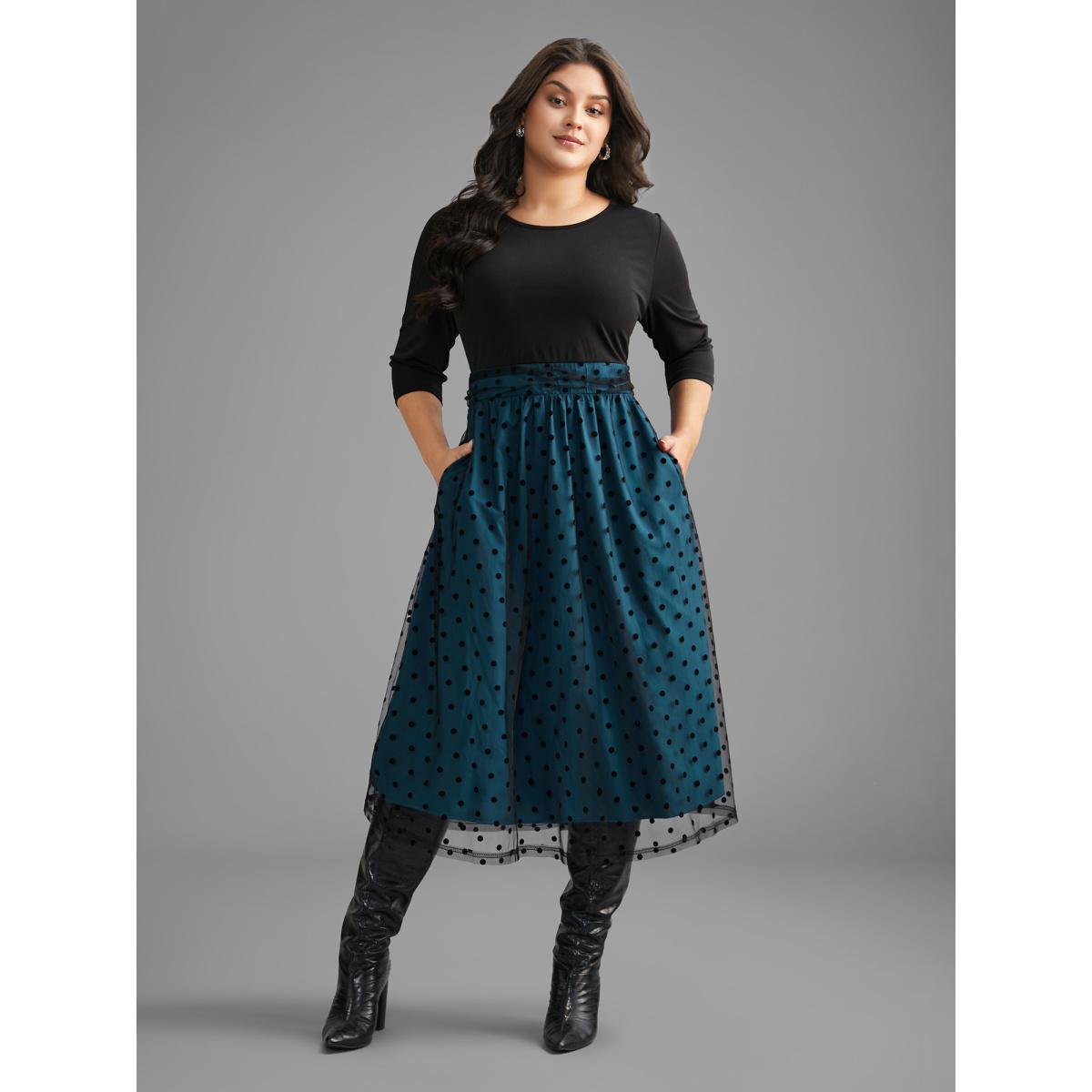 Plus Size Polka Dot Flocking Mesh Patchwork Dress Teal Women Elegant Gathered Round Neck Elbow-length sleeve Curvy BloomChic 22-24/3X Product Image