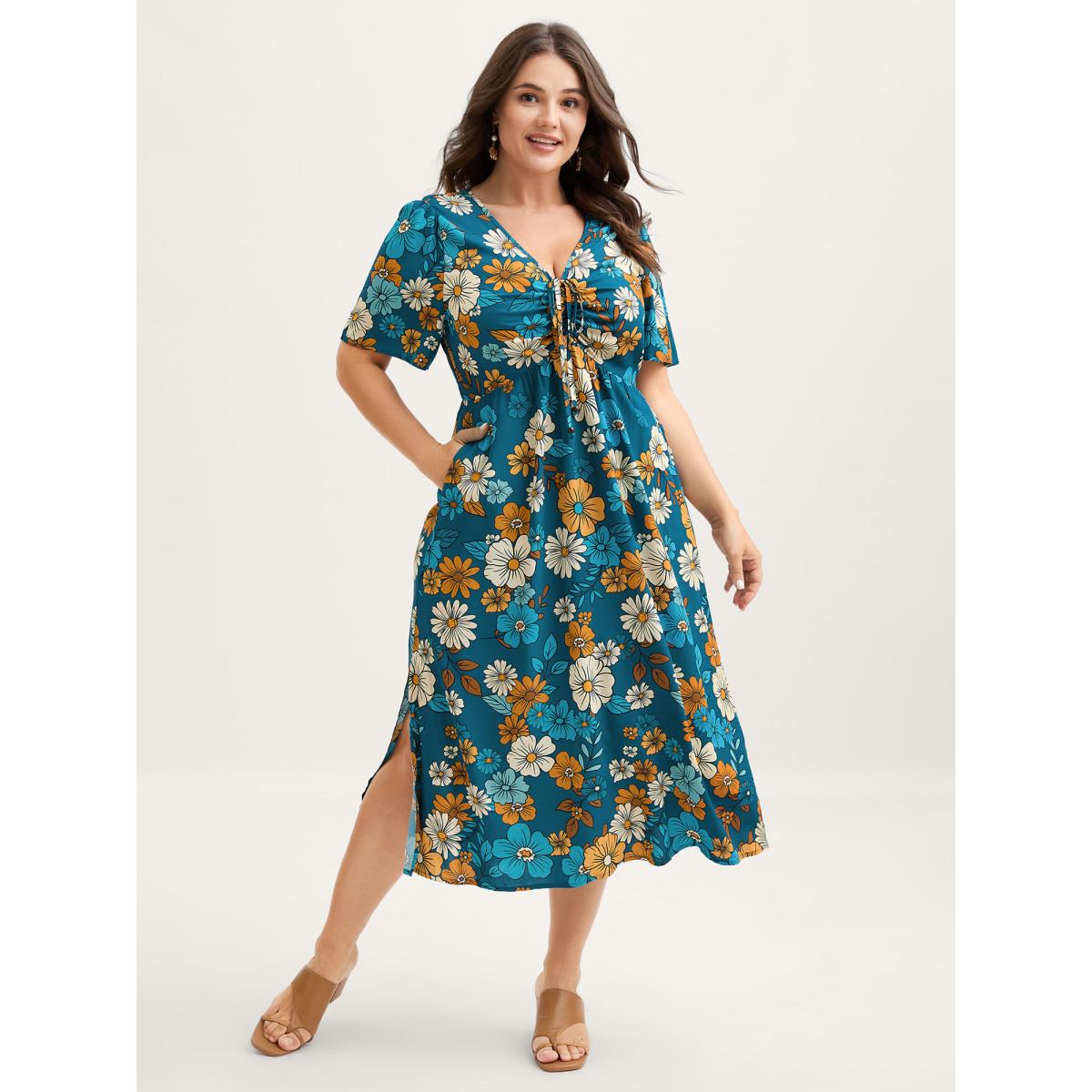 Plus Size Floral Drawstring Bodice Side Slit Midi Dress Navy Women Timeless V-neck Short sleeve Curvy BloomChic 12/L Product Image