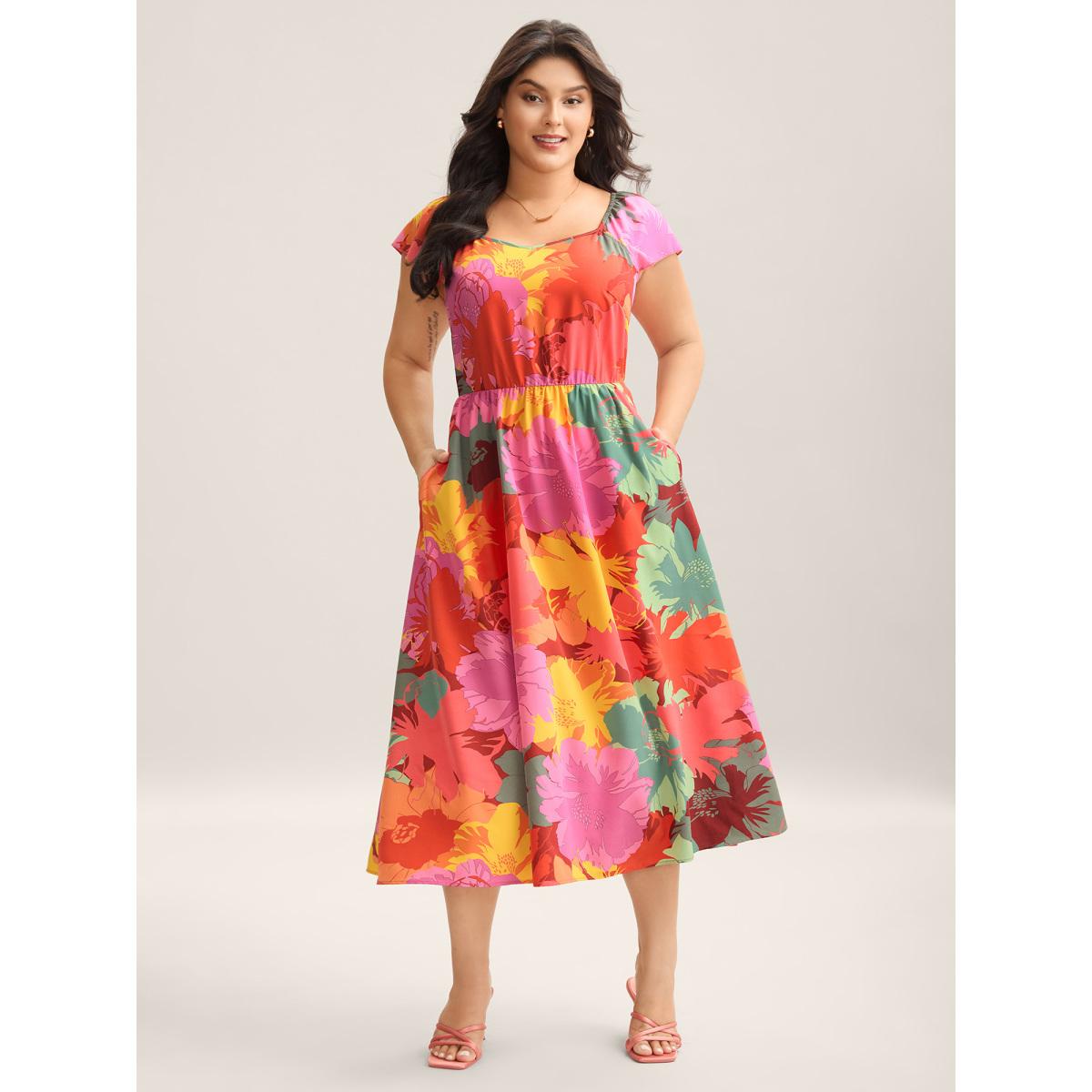 Plus Size Colorful Large Flower Print Pockets Midi Dress Multicolor Women Heart neckline Cap Sleeve Curvy BloomChic 30/6X Product Image