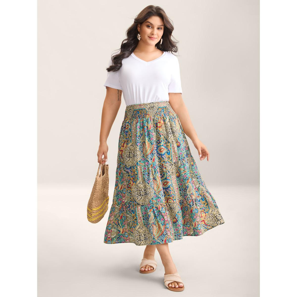 Plus Size Paisley Print Shirred Waist Midi Skirt Women Multicolor Boho Patchwork Low stretch Slanted pocket Vacation Skirts BloomChic 26/4X Product Image