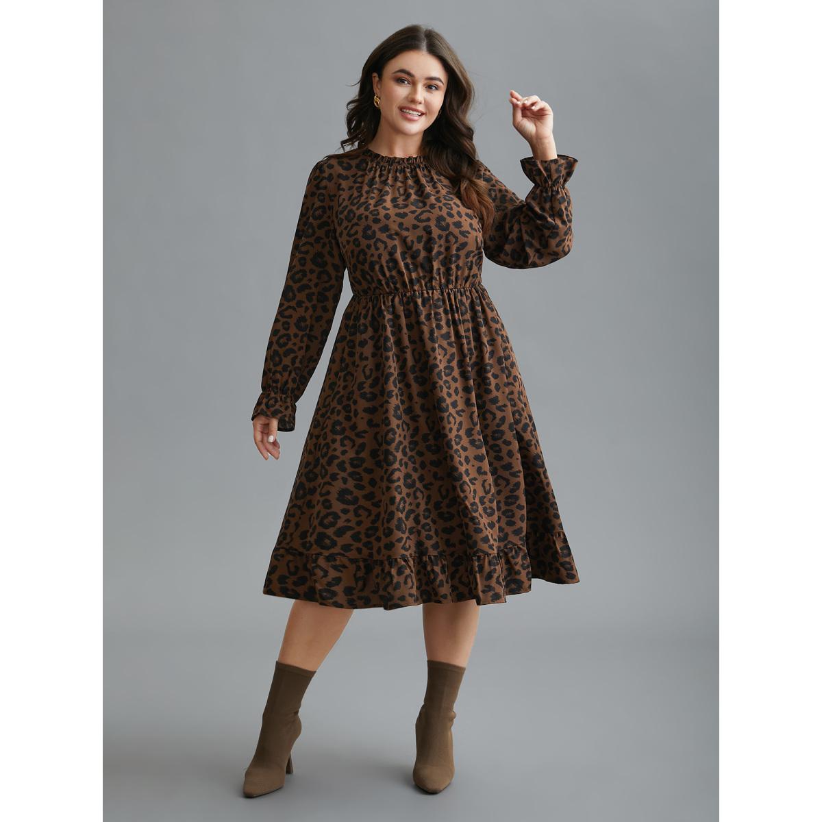 Plus Size Leopard Print Ruffles Mock Neck Elastic Waist Dress Browncoffeecolor Women Elegant Frill Trim Mock Neck Long Sleeve Curvy BloomChic 28/5X Product Image