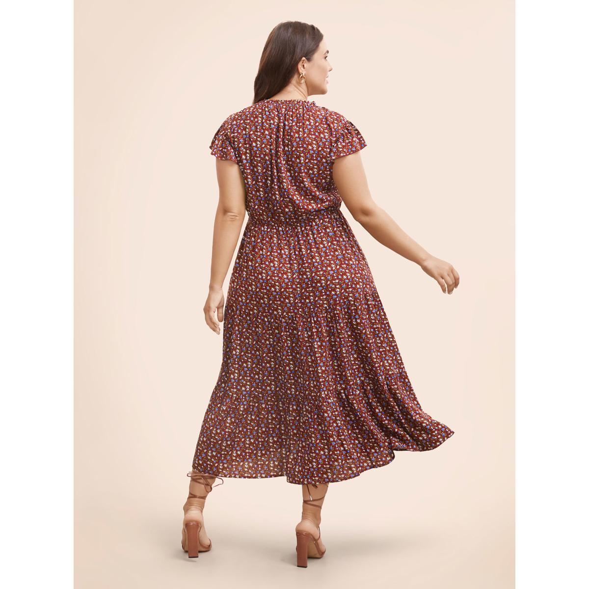 Plus Size Ditsy Floral Ruffle Cap Sleeve Dress Burgundy Women Elegant Frill Trim Mock Neck Cap Sleeve Curvy BloomChic 28/5X Product Image