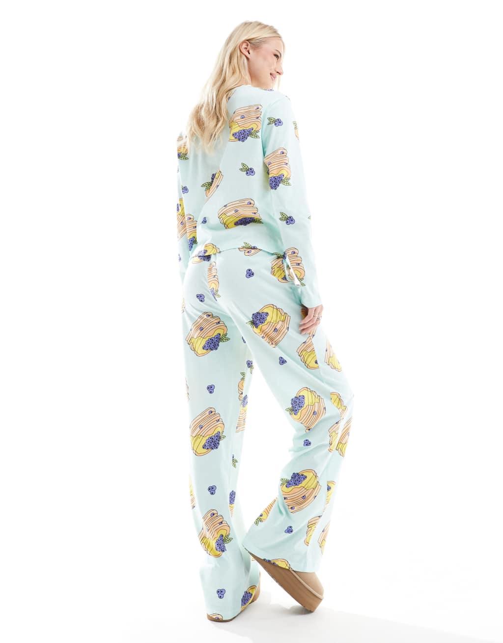 ASOS DESIGN Tall pancakes long sleeve top & pants pajama set in blue Product Image