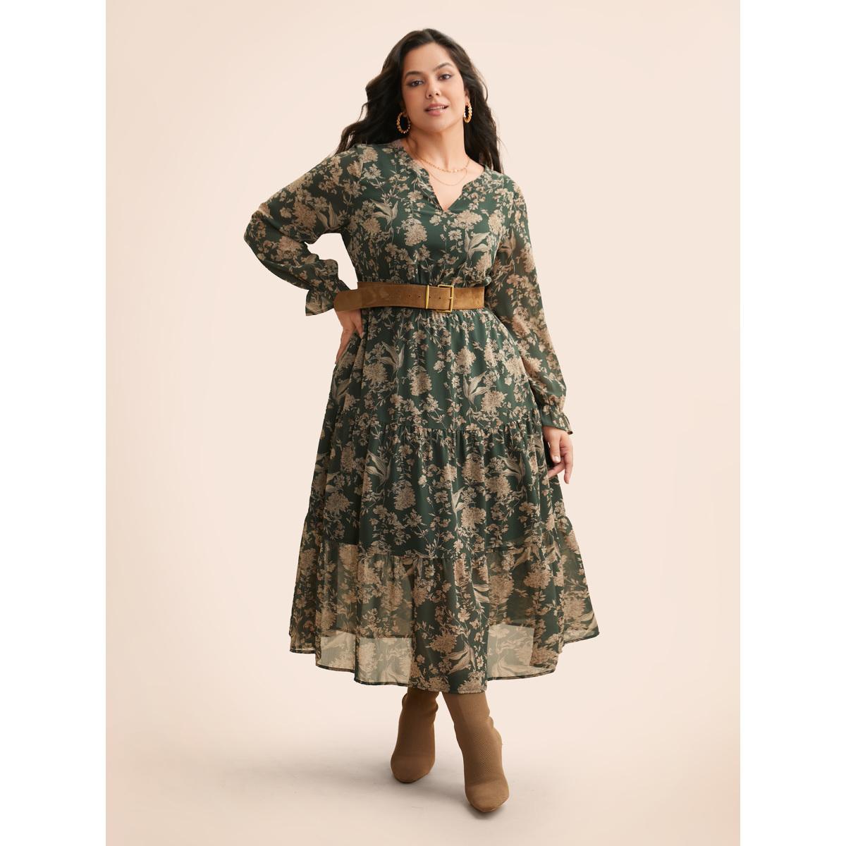Plus Size Floral Shirred Ruffles See Through Dress ArmyGreen Women Elegant See through Flat collar with V-notch Long Sleeve Curvy BloomChic 30/6X Product Image