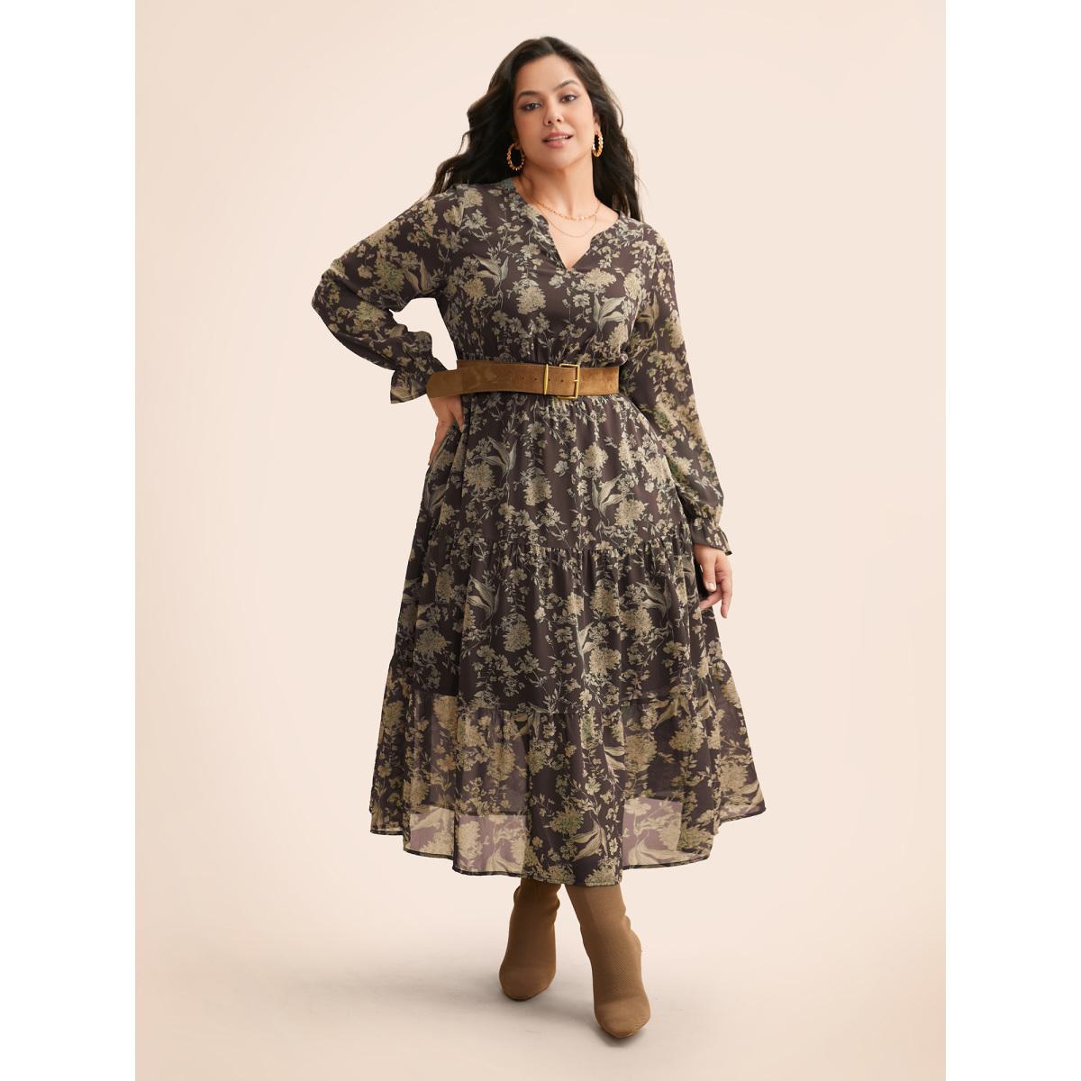 Plus Size Floral Shirred Ruffles See Through Dress ArmyGreen Women Elegant See through Flat collar with V-notch Long Sleeve Curvy BloomChic 30/6X Product Image