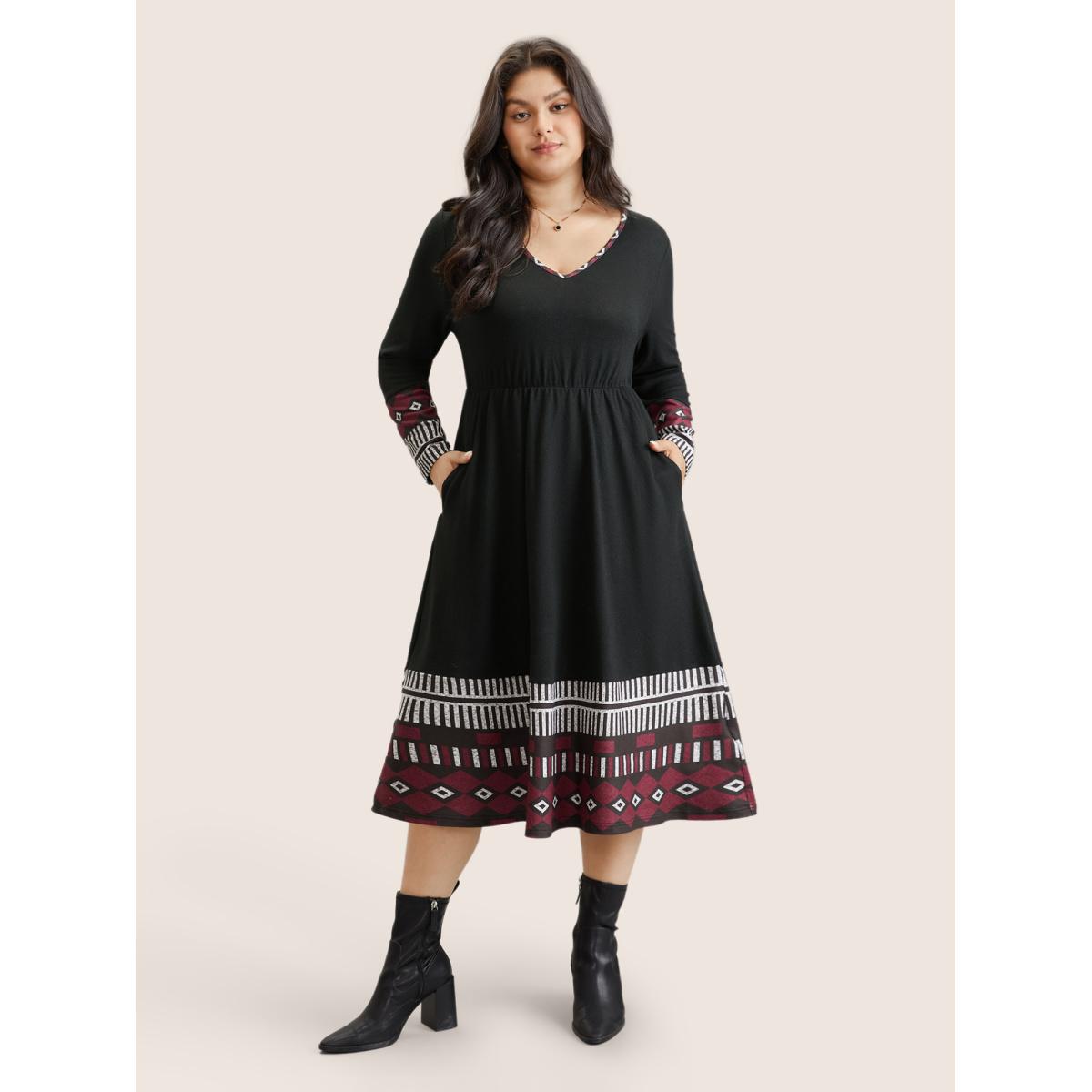 Plus Size Patchwork Geometric Pocket Elastic Waist Dress Black Women Office Gathered V-neck Long Sleeve Curvy Midi Dress BloomChic 18-20/2X Product Image