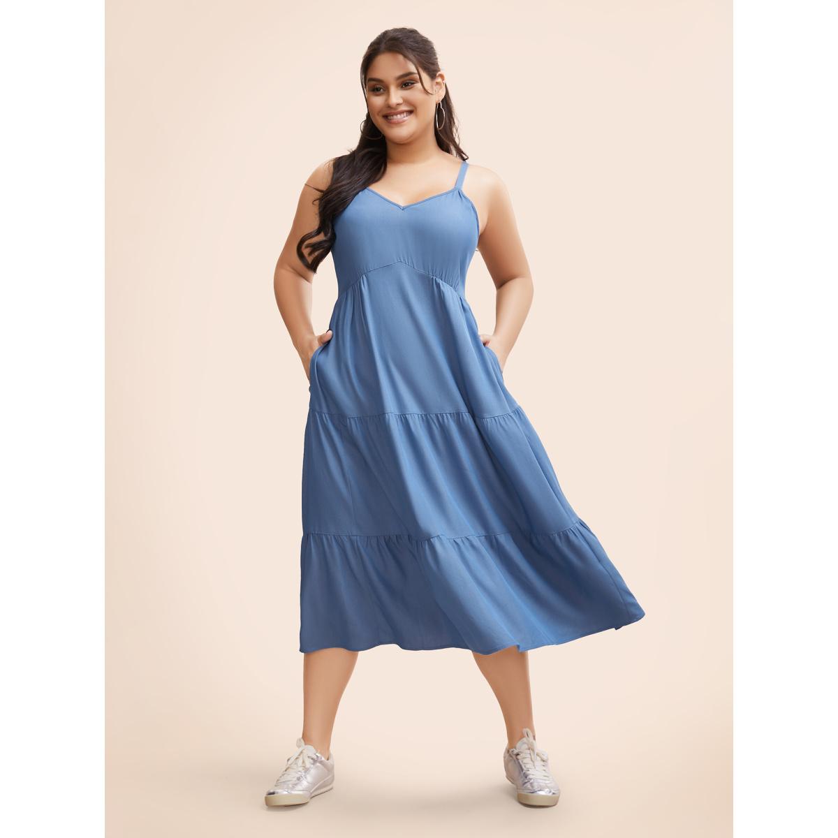 Plus Size Solid Ruffle Layered Hem Cami Dress Mediumblue Women Casual Gathered Heart neckline Sleeveless Curvy BloomChic 30/6X Product Image