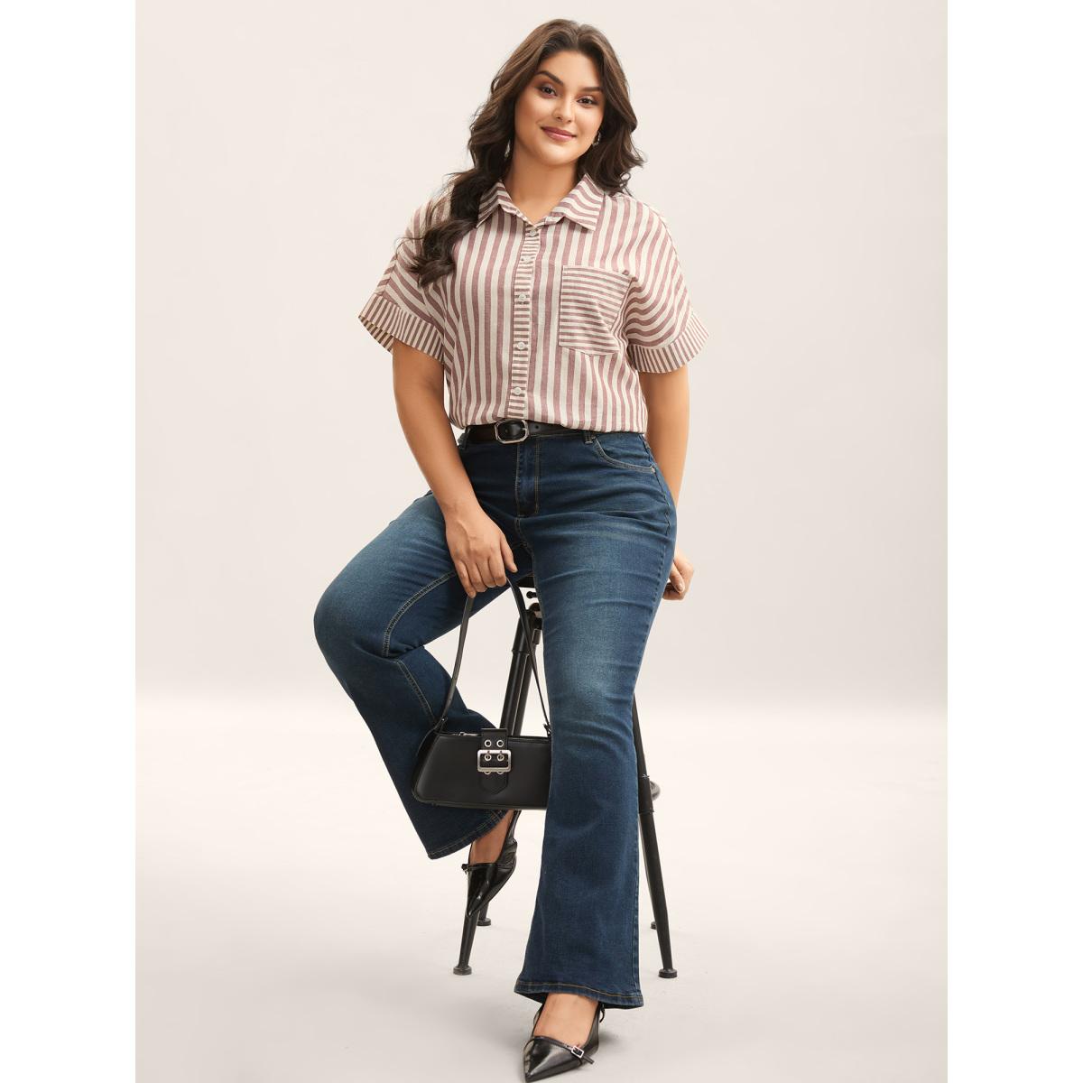 Plus Size Russet Cotton Striped Dolman Sleeve Blouse Women Office Short sleeve Shirt collar Office Blouses BloomChic 22-24/3X Product Image