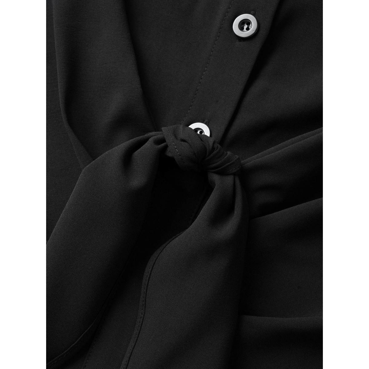 Plus Size Black Plain Tie Knot Stretchy Woven Pleated Blouse Women Work From Home Short sleeve Shirt collar Work Blouses BloomChic 18-20/2X Product Image