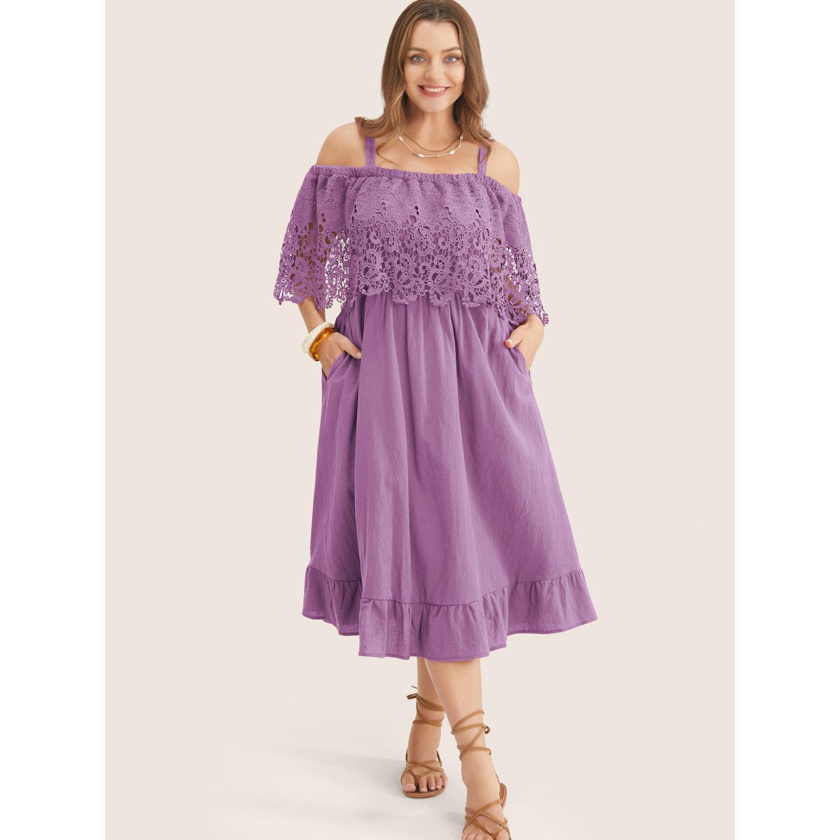 Plus Size Solid Cold Shoulder Contrast Lace Pocket Ruffle Hem Dress Mauve Women Resort Broderie anglaise Non Short sleeve Curvy Midi Dress BloomChic 30/6X Product Image
