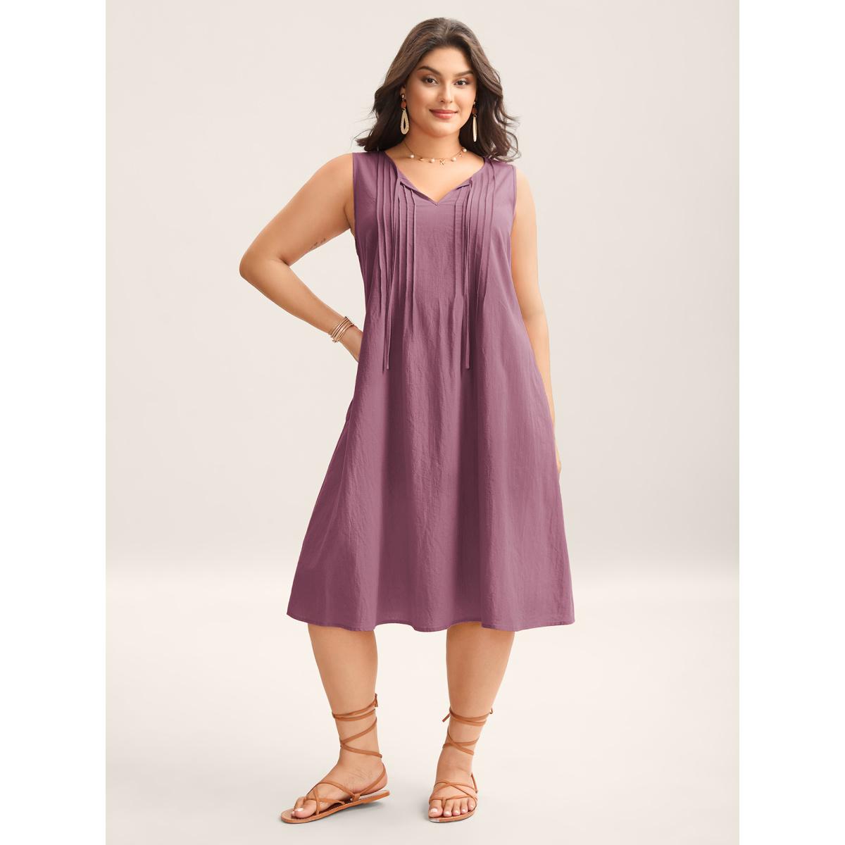 Plus Size Cotton Toothpick Pleat Plain Midi Dress Lilac Women Resort Notched collar Sleeveless Curvy BloomChic 18-20/2X Product Image