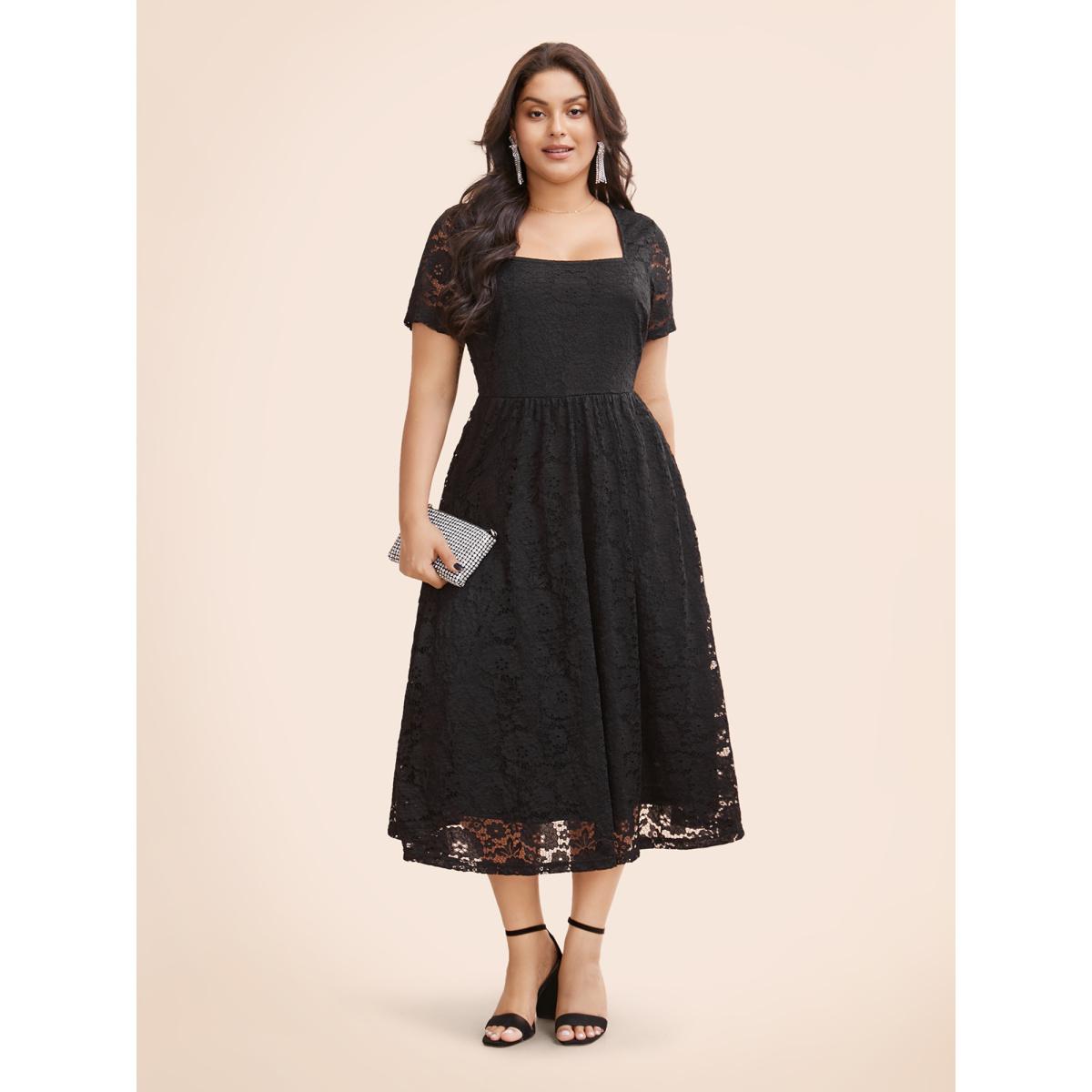 Plus Size Square Neck Lace Mesh Midi Dress Black Women Casual Woven ribbon&lace trim Square Neck Short sleeve Curvy BloomChic 28/5X Product Image
