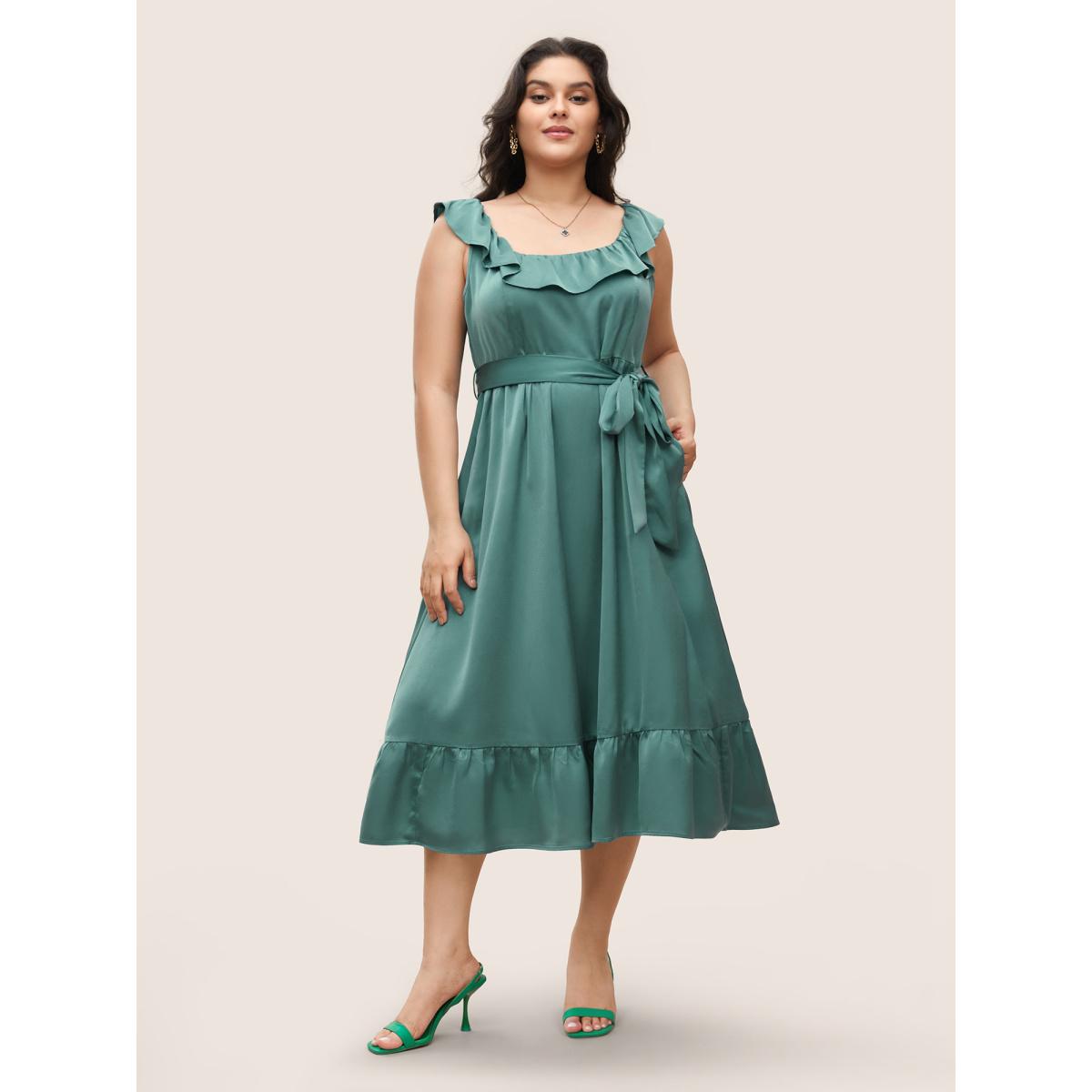 Plus Size Square Neck Plain Ruffles Gathered Belted Dress Emerald Women Elegant Gathered Square Neck Sleeveless Curvy Midi Dress BloomChic 18-20/2X Product Image