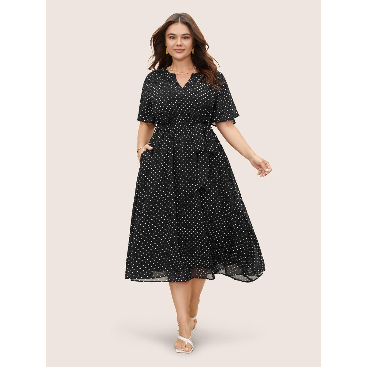 Plus Size Chiffon Polka Dot Ruffle Sleeve Dress Black Women Elegant See through Flat collar Short sleeve Curvy BloomChic 30/6X Product Image
