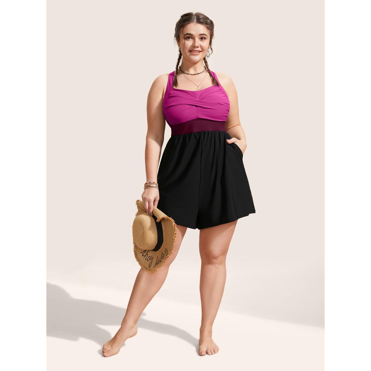 Plus Size Patchwork Contrast Crossover One Piece Swimsuit Women's Swimwear Rosered Resort Twist Curve Bathing Suits High stretch One Pieces BloomChic 14-16/1X Product Image