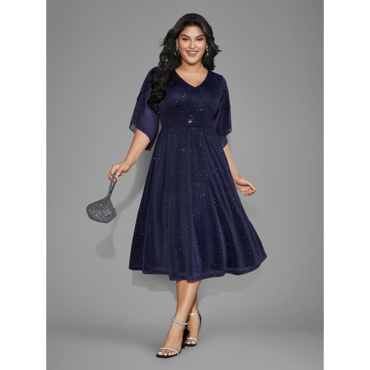 Plus Size Glitter Mesh Petal Sleeve Midi Dress Midnight Women Party&Cocktail Texture Party Curvy Bloomchic 14-16/1X Product Image