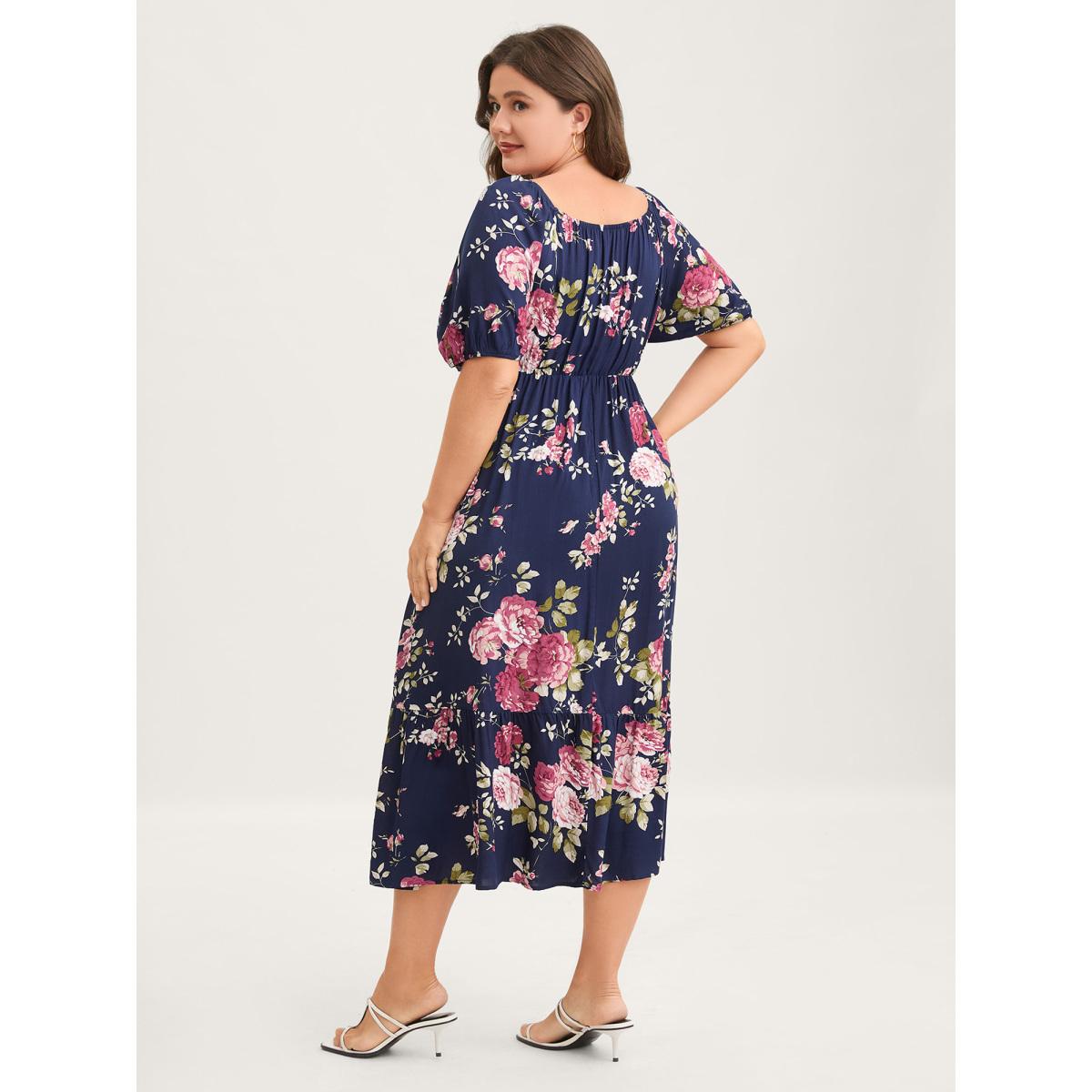 Plus Size Rosy Print Pleated Bust Ease Midi Dress Indigo Women Gathered Square Neck Short sleeve Curvy BloomChic 14-16/1X Product Image