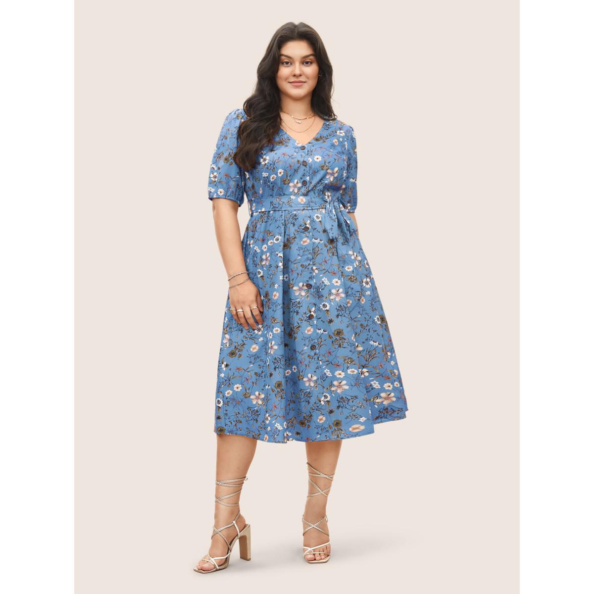 Plus Size Ditsy Floral Belted Lantern Sleeve Button Up Dress Cerulean Women Elegant Non V-neck Short sleeve Curvy Midi Dress BloomChic 30/6X Product Image