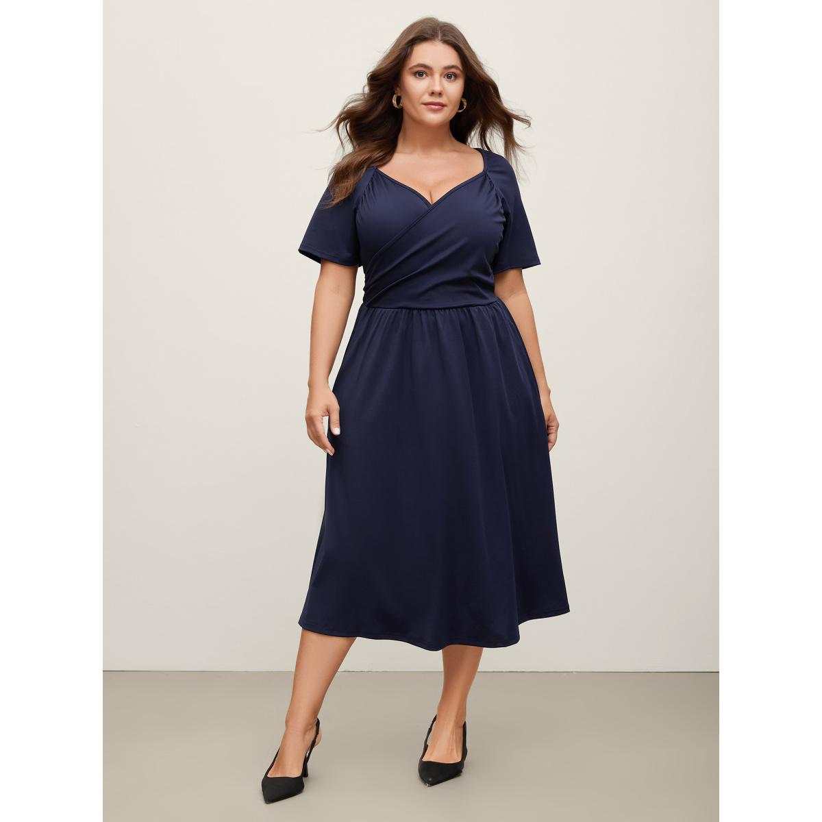 Plus Size Stretchy Waist Overlap Pockets Midi Dress Indigo Women Office V-neck Short sleeve Curvy BloomChic 14-16/1X Product Image