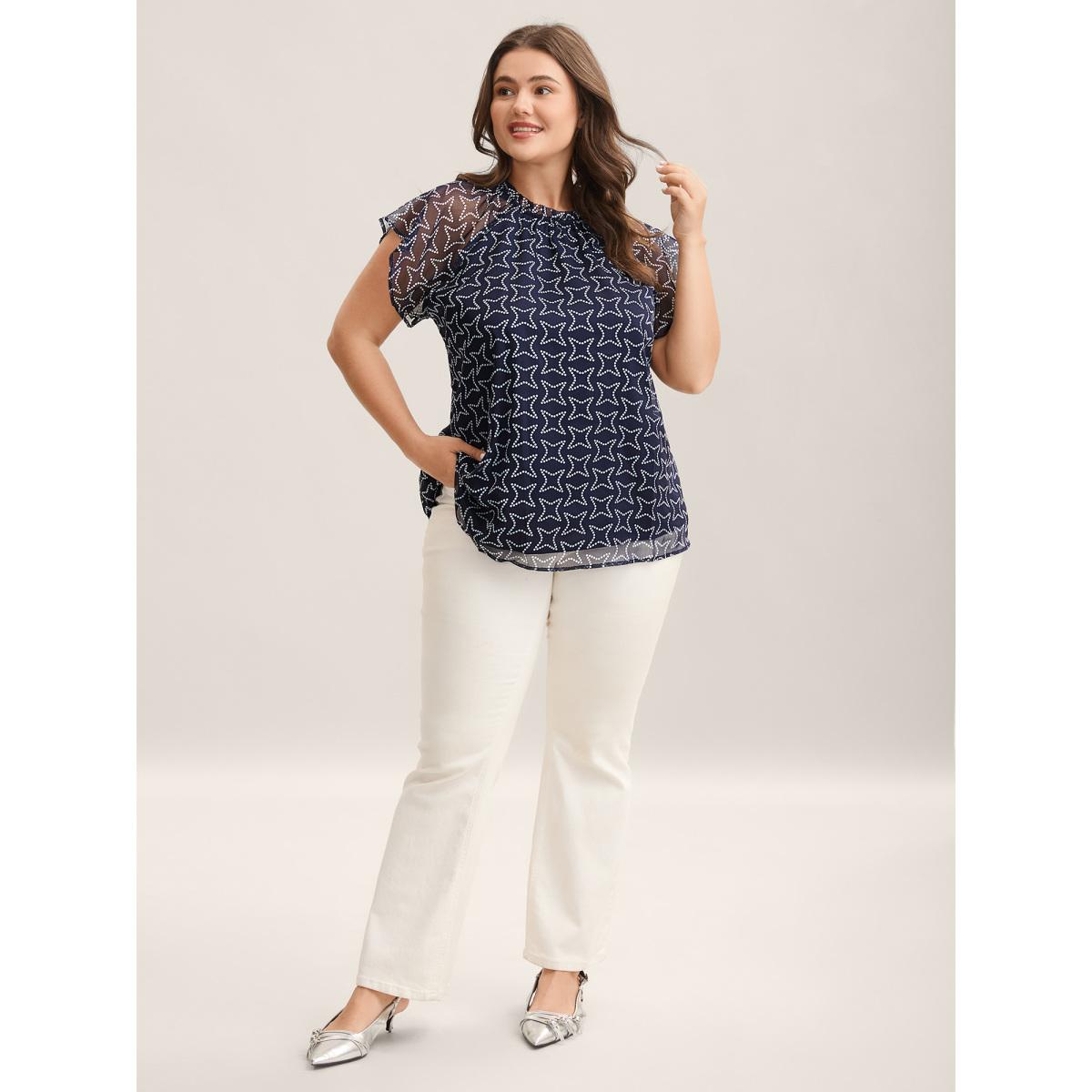 Plus Size Indigo Polka Dot Mock Neck Mesh Patchwork Blouse Women Workwear Essentials Cap Sleeve Round Neck Work Blouses BloomChic 12/L Product Image
