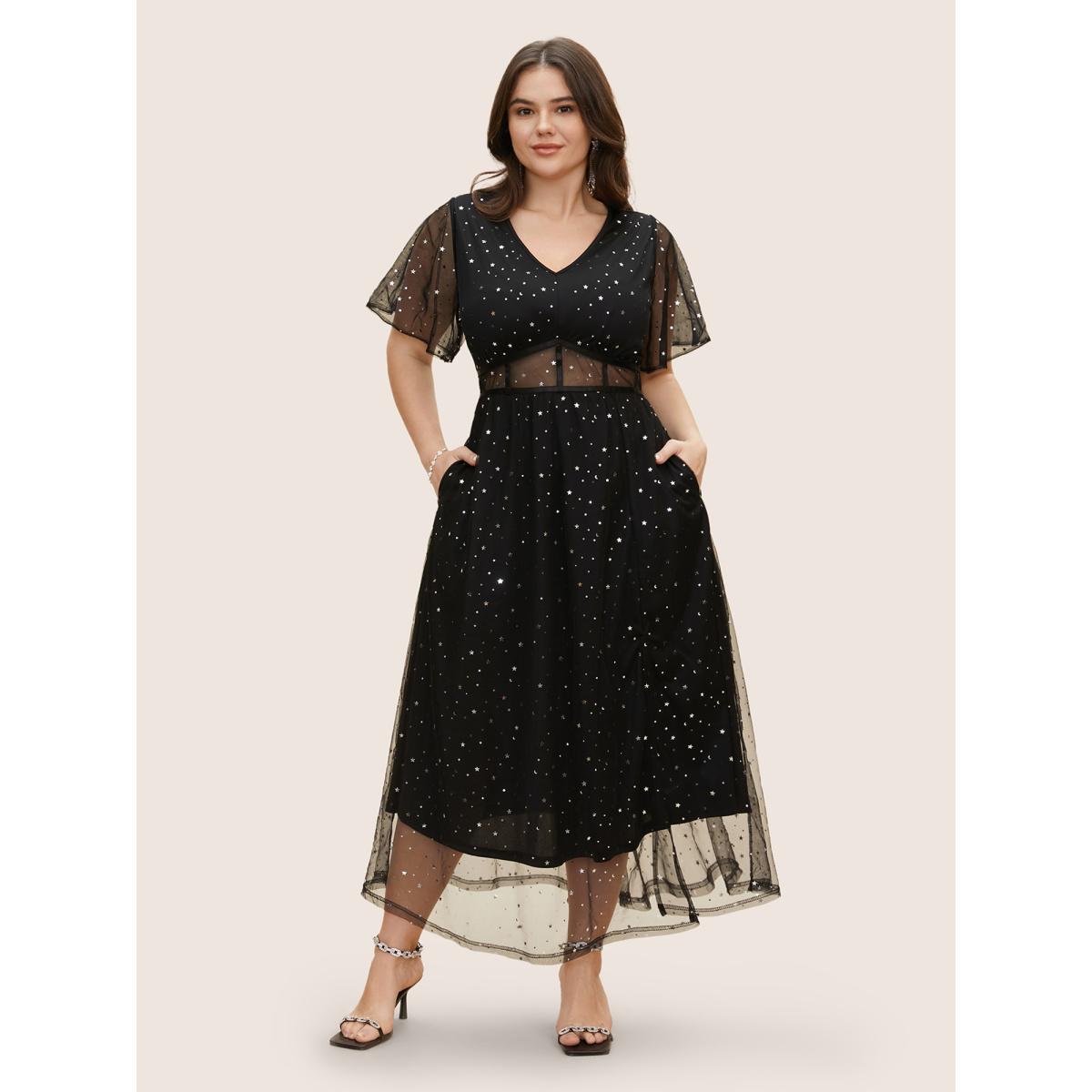 Plus Size Glitter Star Mesh Patchwork Split Hem Dress Black Women Cocktail See through V-neck Short sleeve Curvy BloomChic 12/L Product Image
