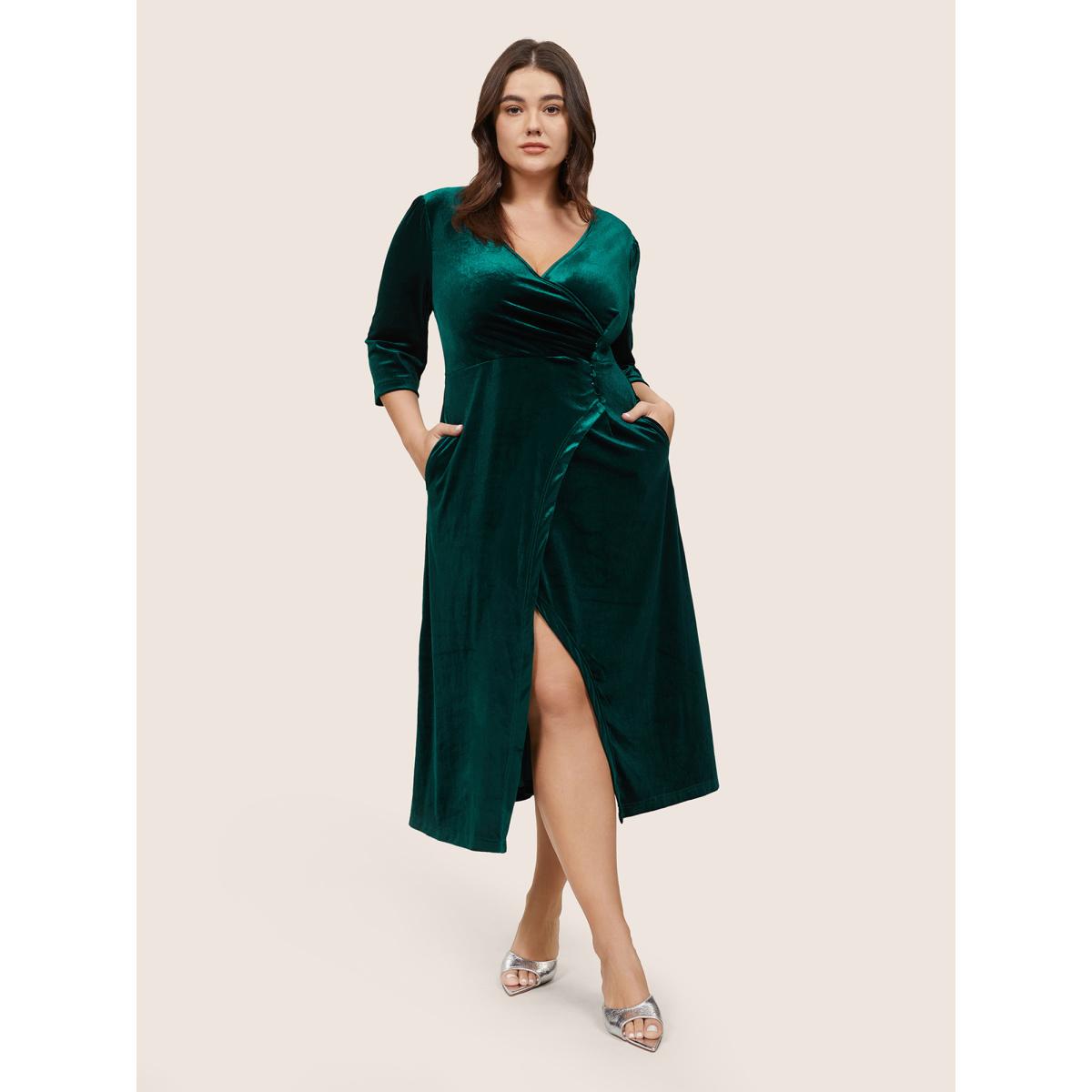 Plus Size Plain Velvet Wrap Gathered Split Front Dress DarkGreen Women Glamour Velvet Overlap Collar Elbow-length sleeve Curvy Midi Dress BloomChic 30/6X Product Image