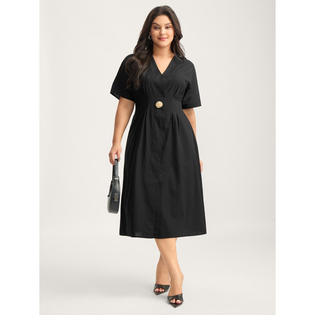 Plus Size Deep V-Neck Decorative Button Midi Dress Black Women Overlap Collar Short sleeve Curvy BloomChic 18-20/2X Product Image