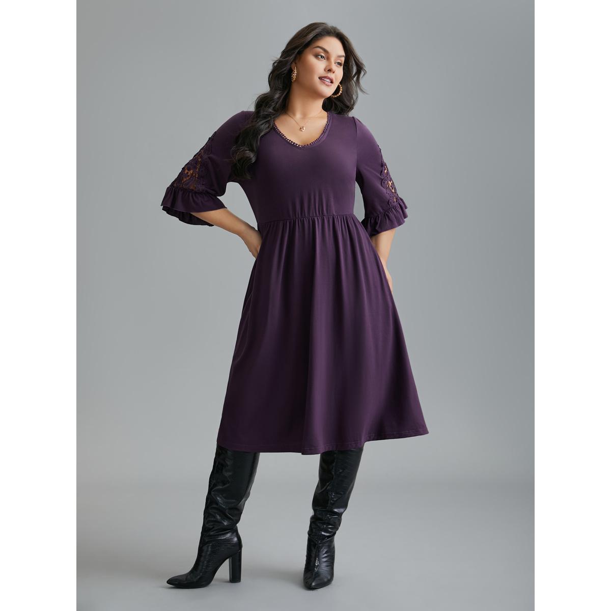 Plus Size V Neck Plain Crochet Lace Mesh Dress Deeppurple Women Elegant Woven ribbon&lace trim Knit Dresses Bloomchic 12/L Product Image