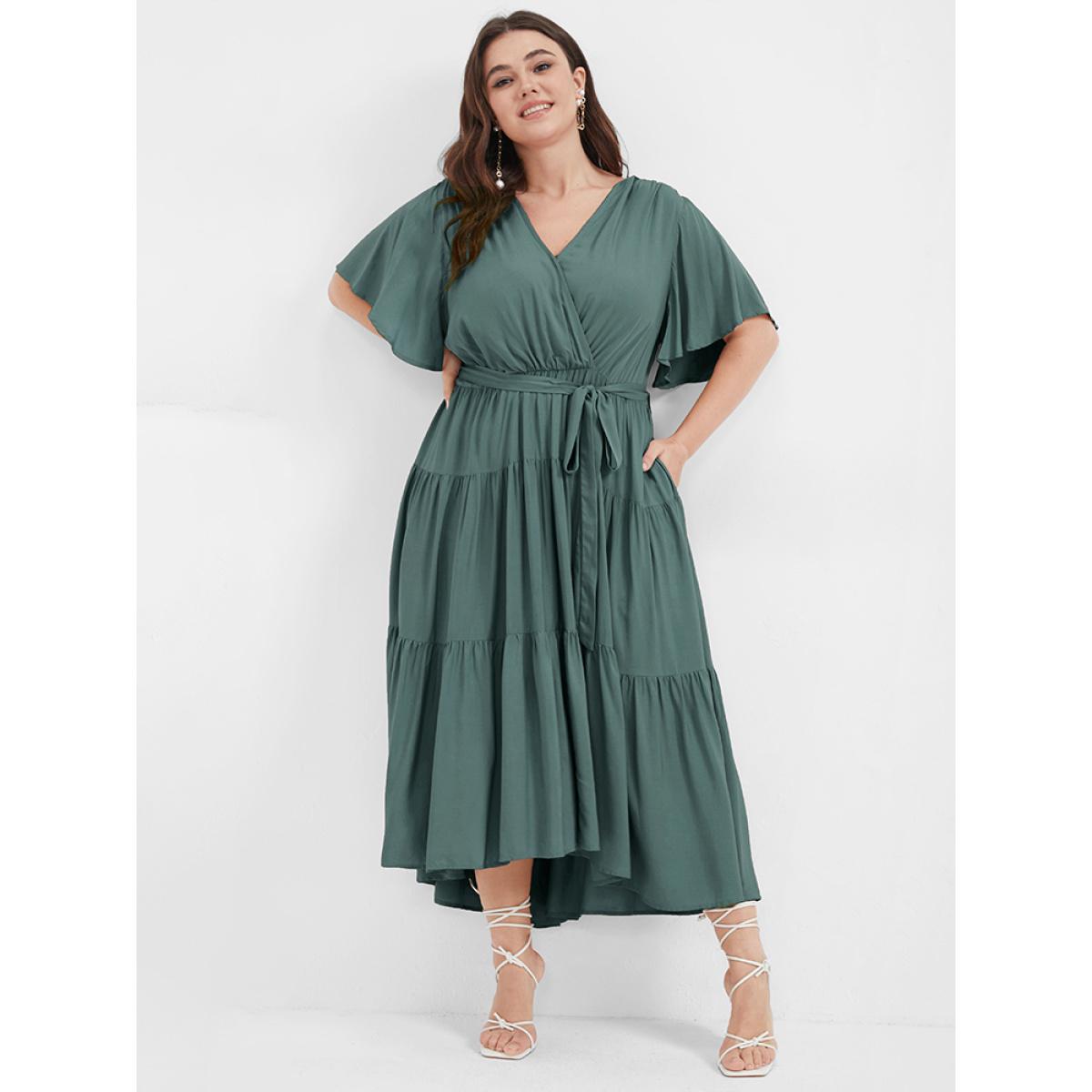 Plus Size Solid Button Pocket Belted Ruffles Wrap Midi Dress Emerald Women Elegant Cross straps V-neck Short sleeve Curvy Long Dress BloomChic 26/4X Product Image