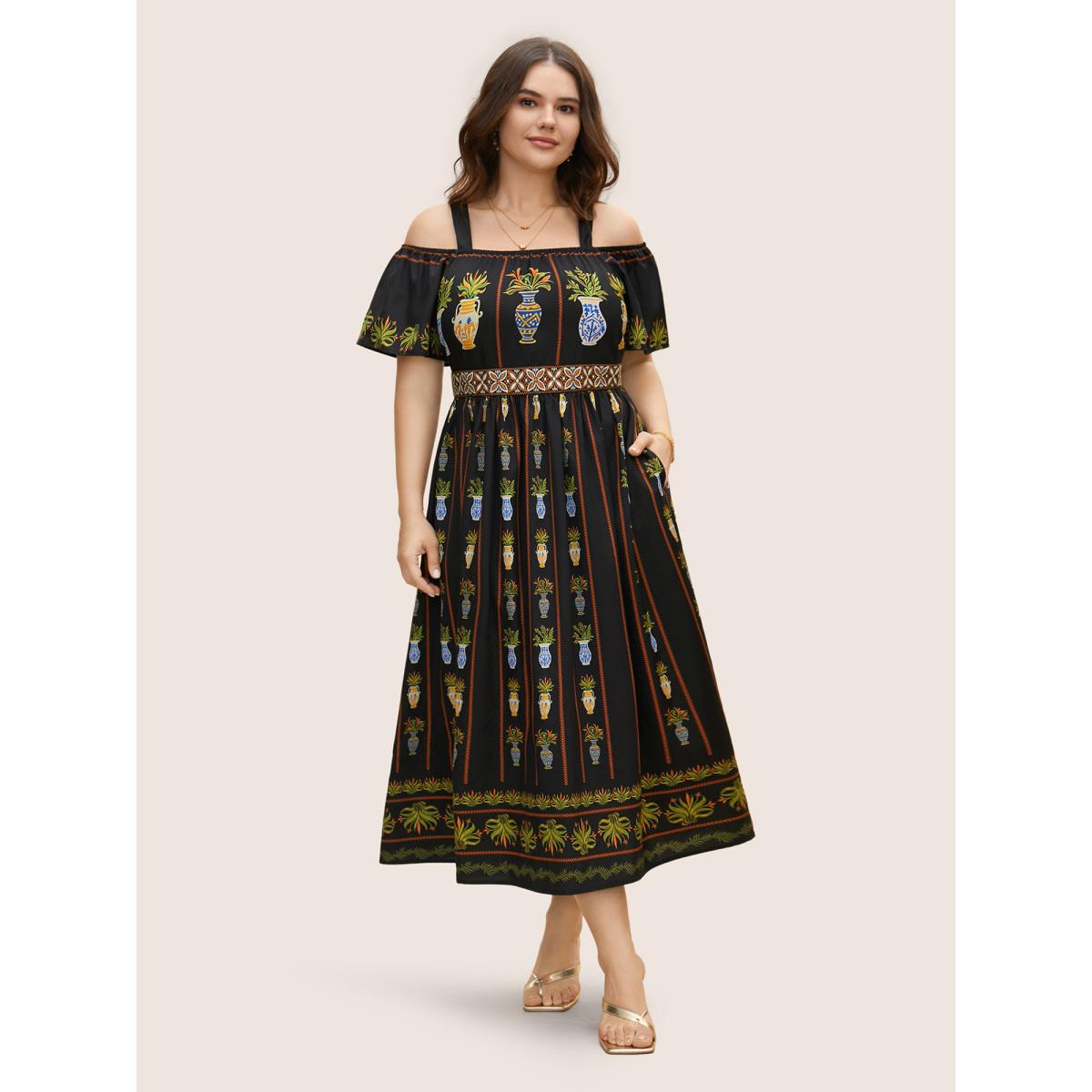 Plus Size Boho Print Off Shoulder Woven Ribbon Dress Black Women Elegant Woven ribbon&lace trim One-shoulder neck Short sleeve Curvy BloomChic 12/L Product Image