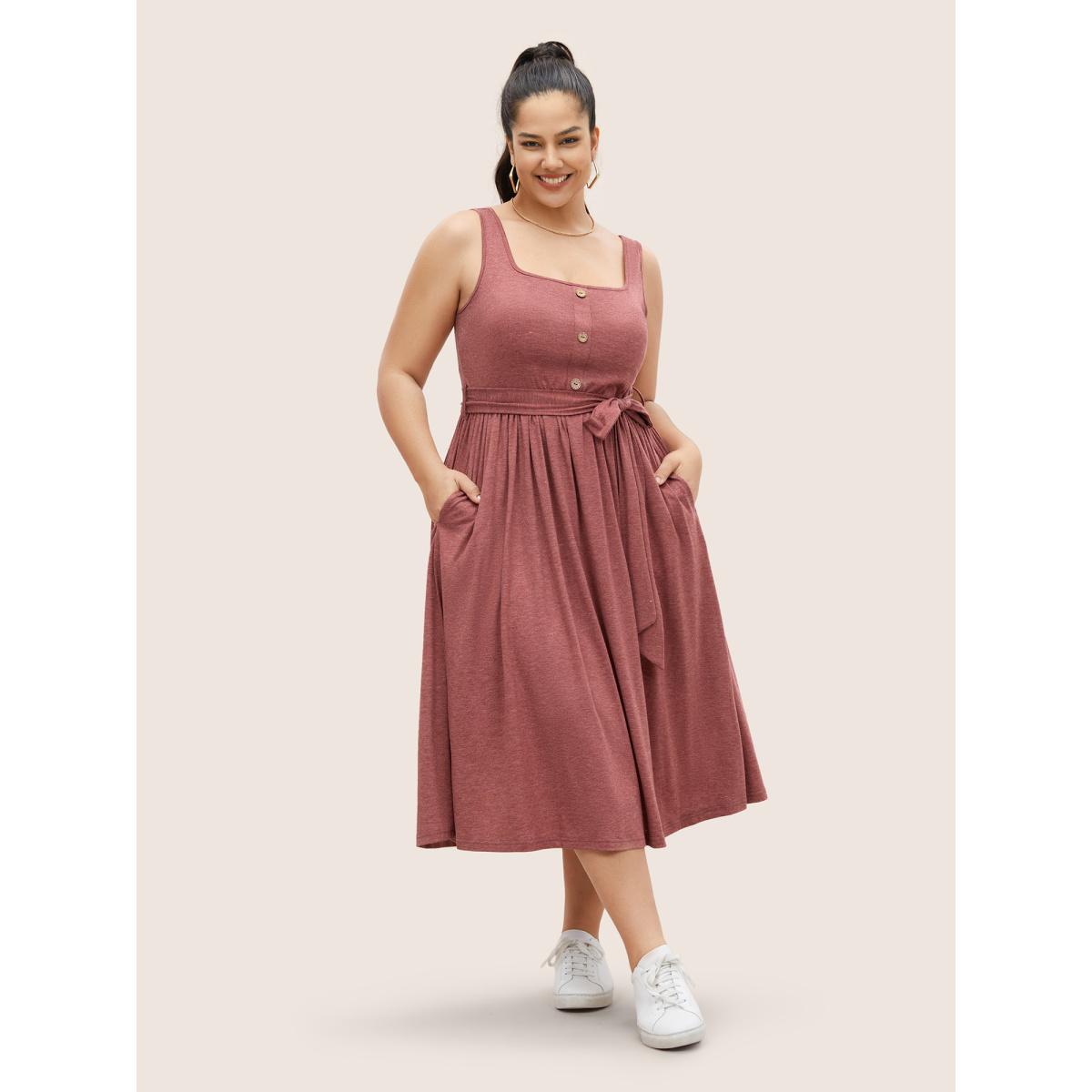 Plus Size Supersoft Essentials Button Detail Belted Gathered Dress Scarlet Women Casual Gathered Square Neck Sleeveless Curvy Midi Dress BloomChic 12/L Product Image