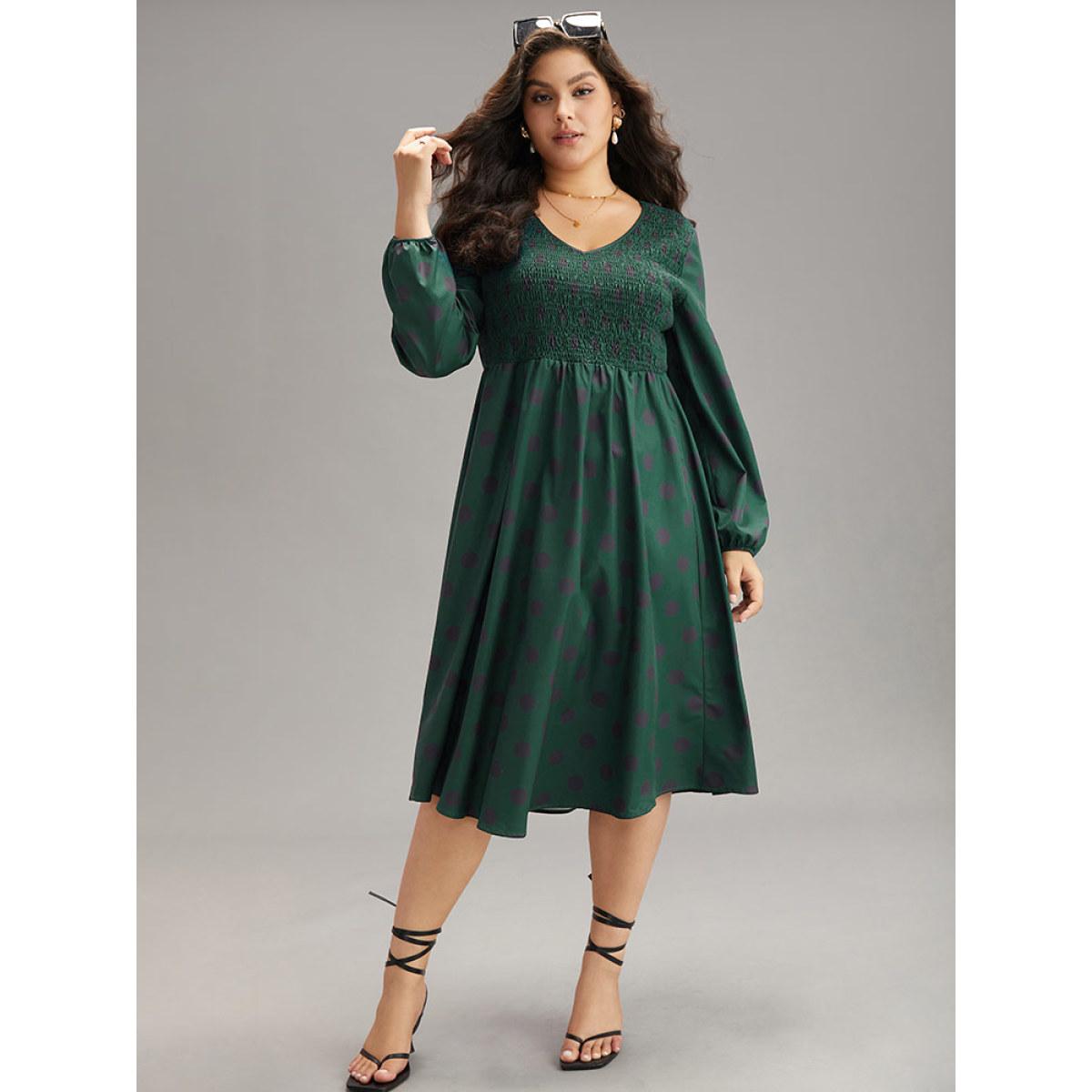 Plus Size Polka Dot Shirred Lantern Sleeve Dress DarkGreen Women Elegant Elastic cuffs V-neck Long Sleeve Curvy Midi Dress BloomChic 30/6X Product Image
