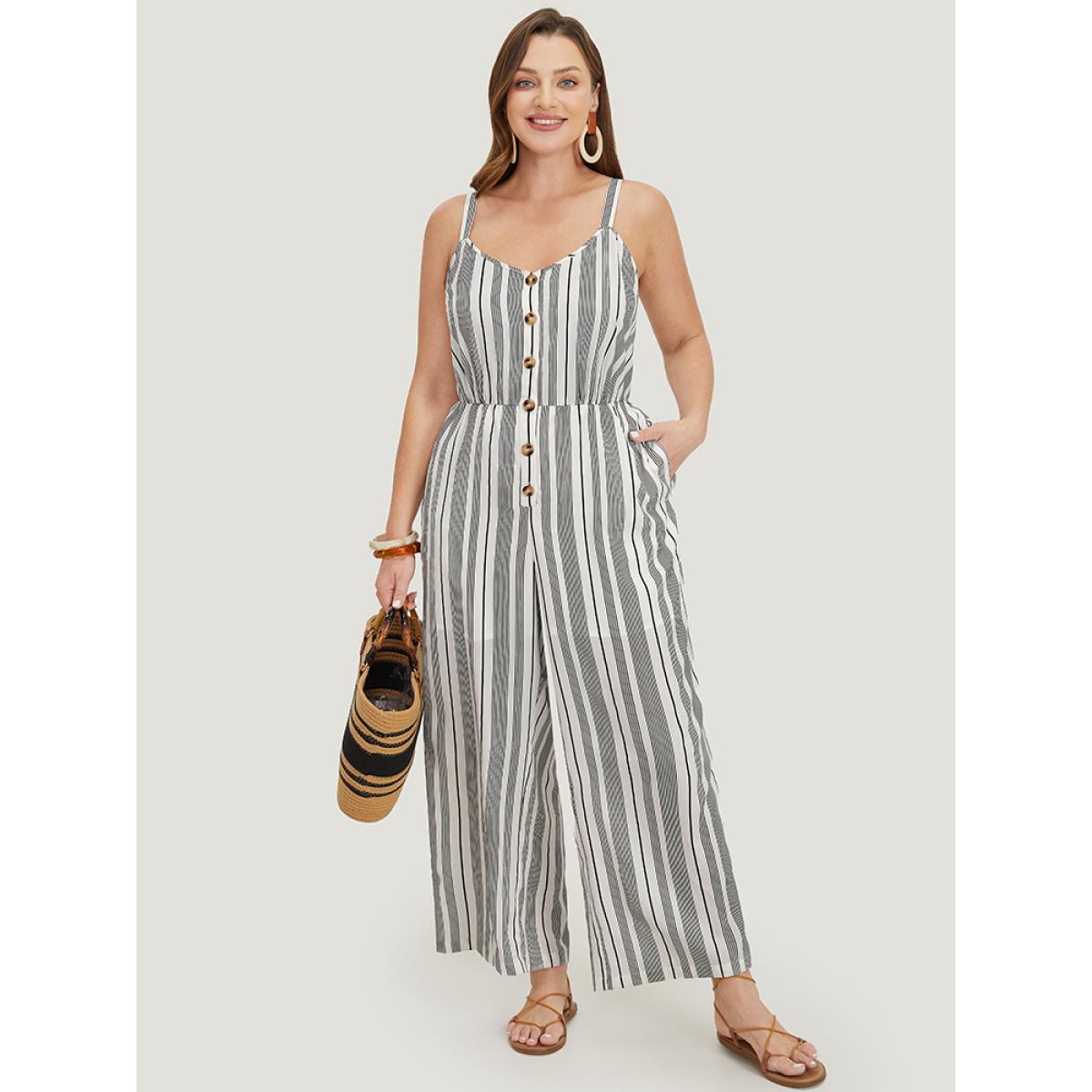 Plus Size White Striped Print Button Pocket Detail Cami Jumpsuit Women Vacation Sleeveless Spaghetti Strap Dailywear Loose Jumpsuits BloomChic 22-24/3X Product Image