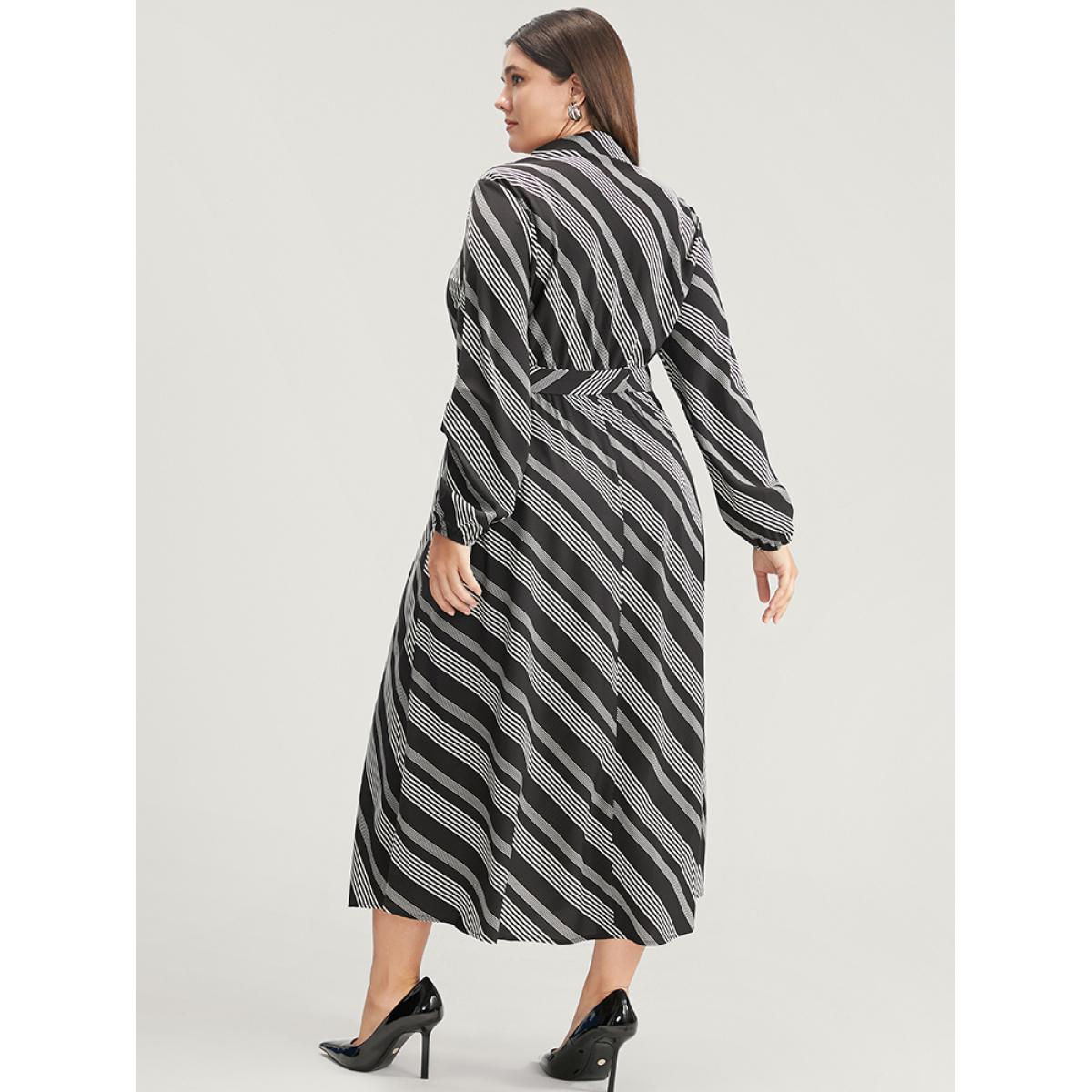 Plus Size Striped Lantern Sleeve Pocket Belted Lapel Collar Dress Black Women Office Belted Lapel Collar Long Sleeve Curvy Midi Dress BloomChic 10/M Product Image