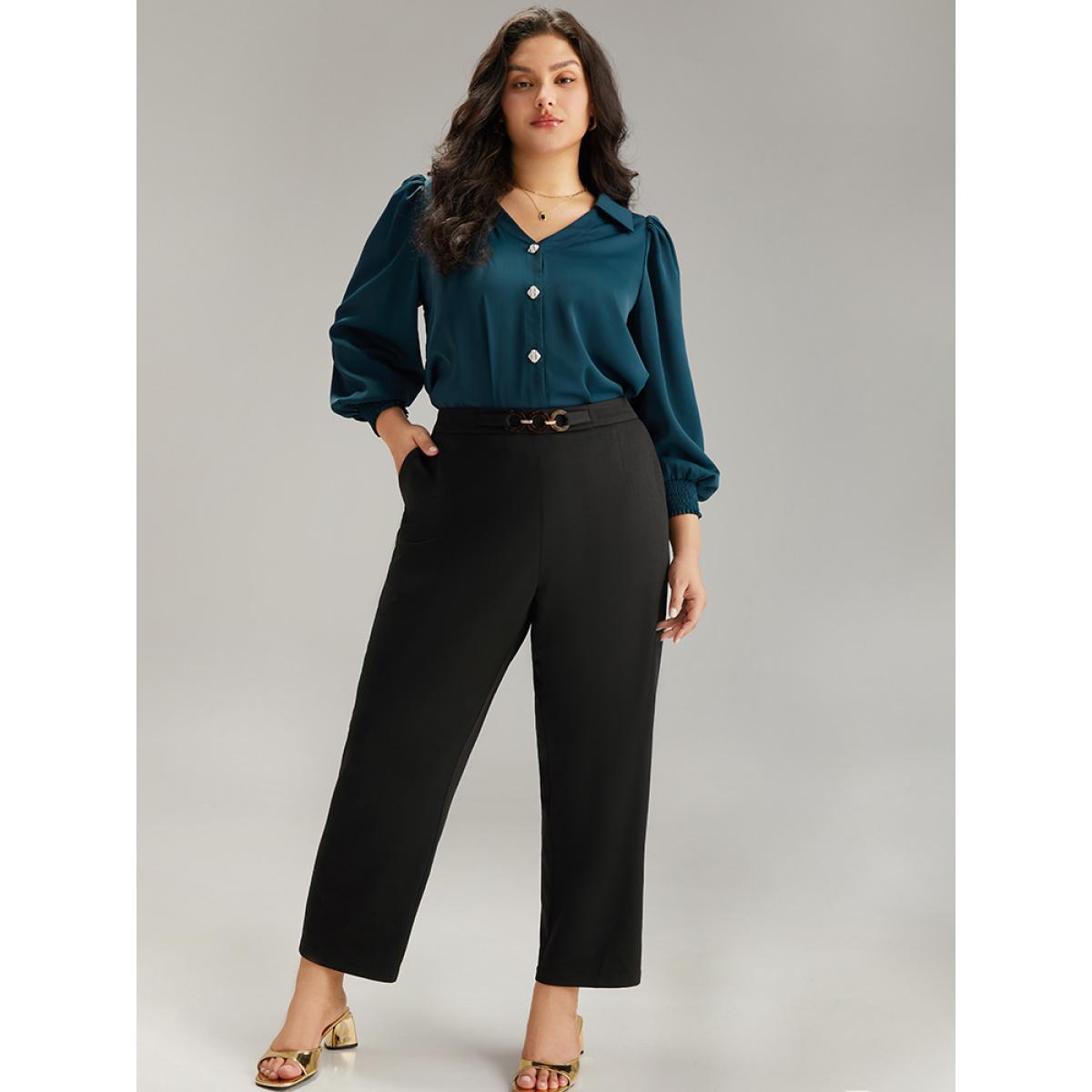 Plus Size Plain Pocket Buckle Detail Elastic Waist Pants Women Black Office Bodycon High Rise Office Pants BloomChic 26/4X Product Image