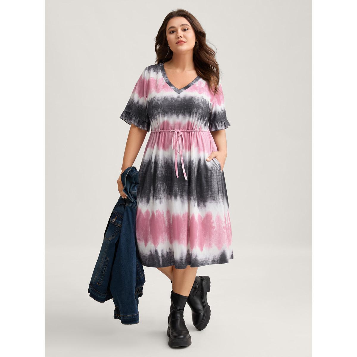 Plus Size Supersoft Tie-Dye Drawstring Midi Dress Multicolor Women Playful V-neck Short sleeve Curvy BloomChic 18-20/2X Product Image