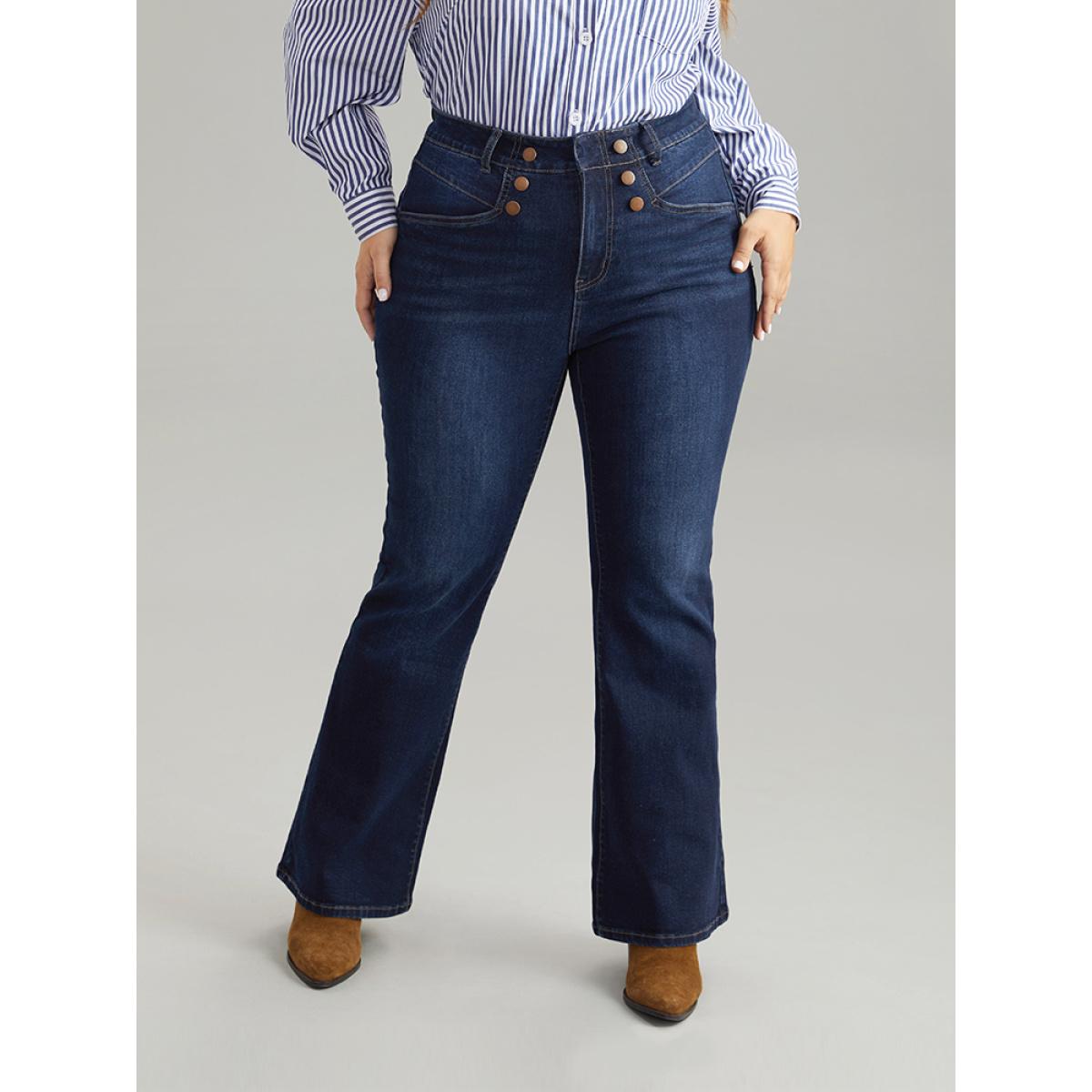 Plus Size Flare Leg Button Detail High Rise Jeans Women DarkBlue Casual Plain Non High stretch Slanted pocket Jeans BloomChic 22/3X Product Image