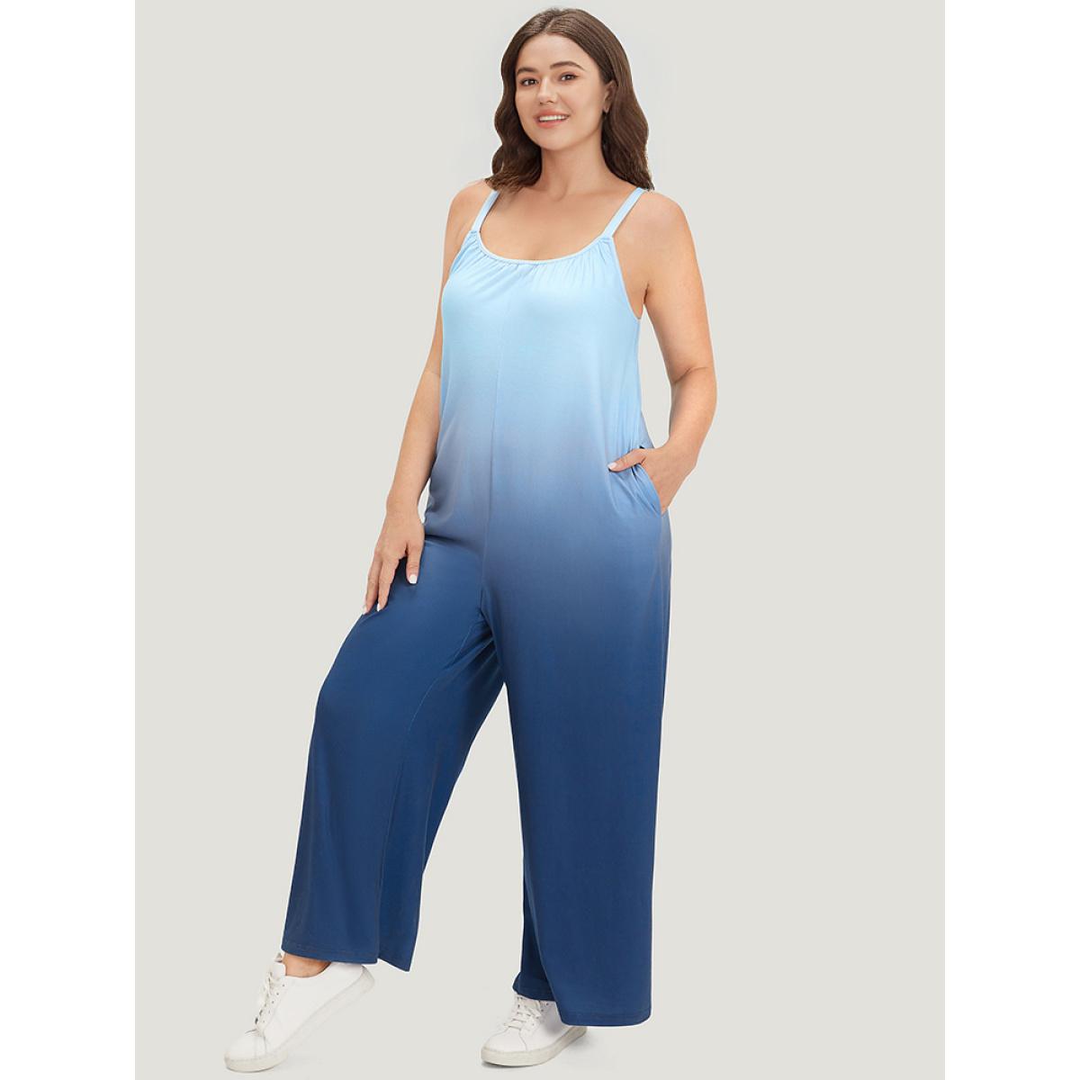 Plus Size DarkBlue Ombre Scoop Neck Pocket Adjustable Straps Jumpsuit Women Casual Sleeveless Spaghetti Strap Dailywear Loose Jumpsuits BloomChic 28/5X Product Image
