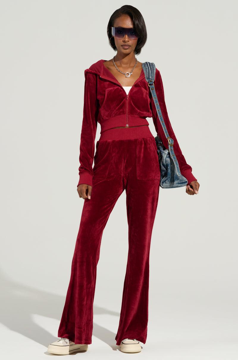 VELOUR GALORE FLARED  LEG JOGGER IN BURGUNDY Product Image
