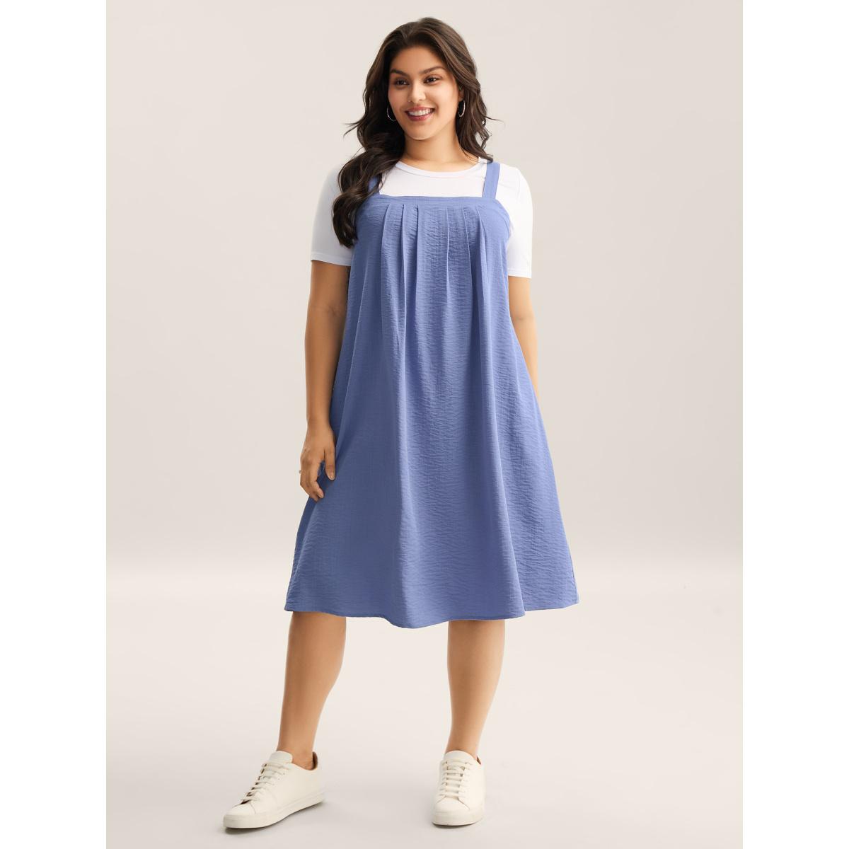 Plus Size Adjustable Straps Pockets Plain Midi Dress Mediumblue Women Non Sleeveless Curvy BloomChic 12/L Product Image