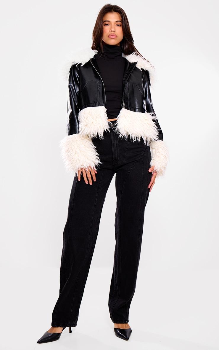 Black Faux Fur White Trim Contrast Faux Leather Jacket Product Image