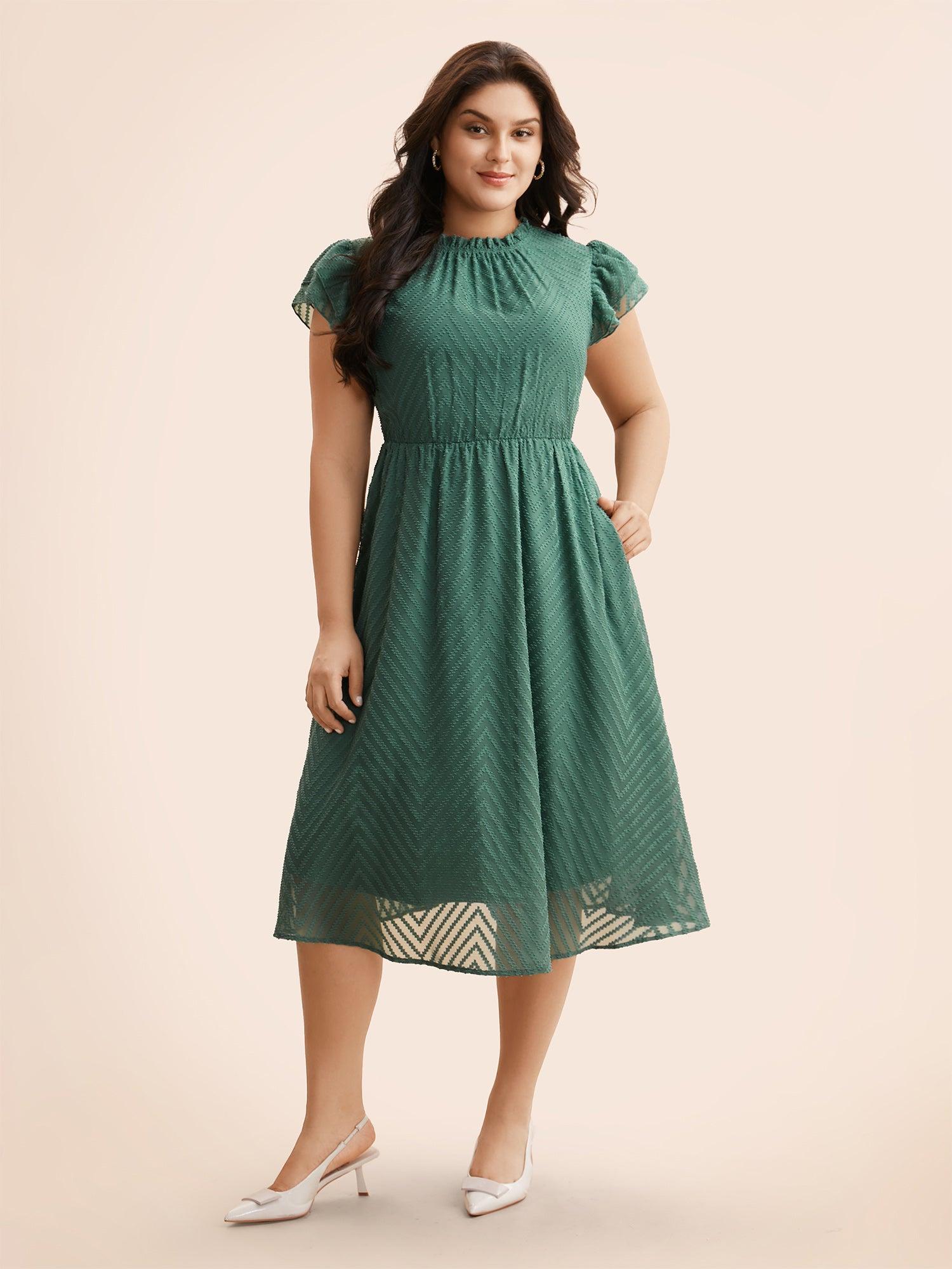 Plain Geometric Layered Sleeve Pocket Ruffle Mock Neck Dress Female Product Image