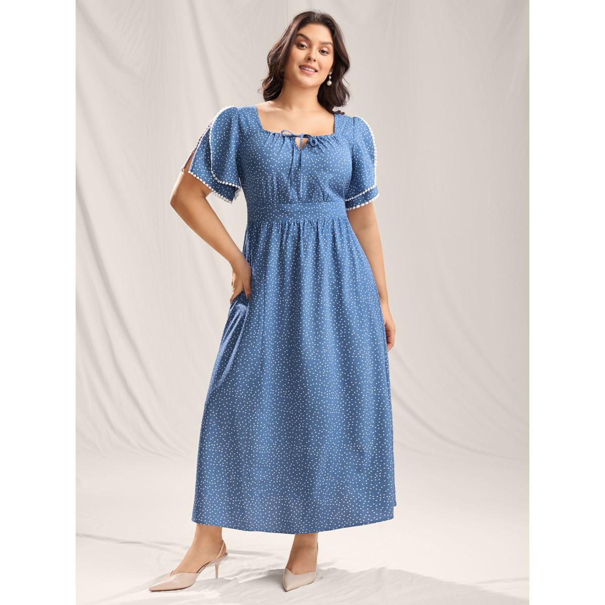 Plus Size Polka Dots Layer Sleeves Keyhole Maxi Dress Stone Women Square Neck Short sleeve Curvy BloomChic 14-16/1X Product Image