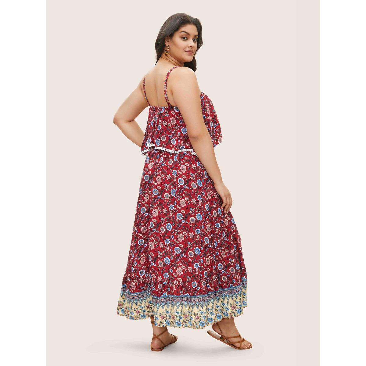 Plus Size Bandana Print Spaghetti Strap Pocket Ruffles Asymmetrical Hem Maxi Dress Scarlet Women Resort Non Non Sleeveless Curvy Long Dress BloomChic 30/6X Product Image