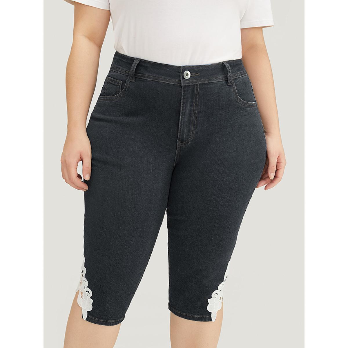 Plus Size Very Stretchy High Rise Medium Wash Guipure Lace Knee Denim Shorts Women DimGray High stretch Everyday Patch pocket Casual Denim Shorts BloomChic 24/3X Product Image