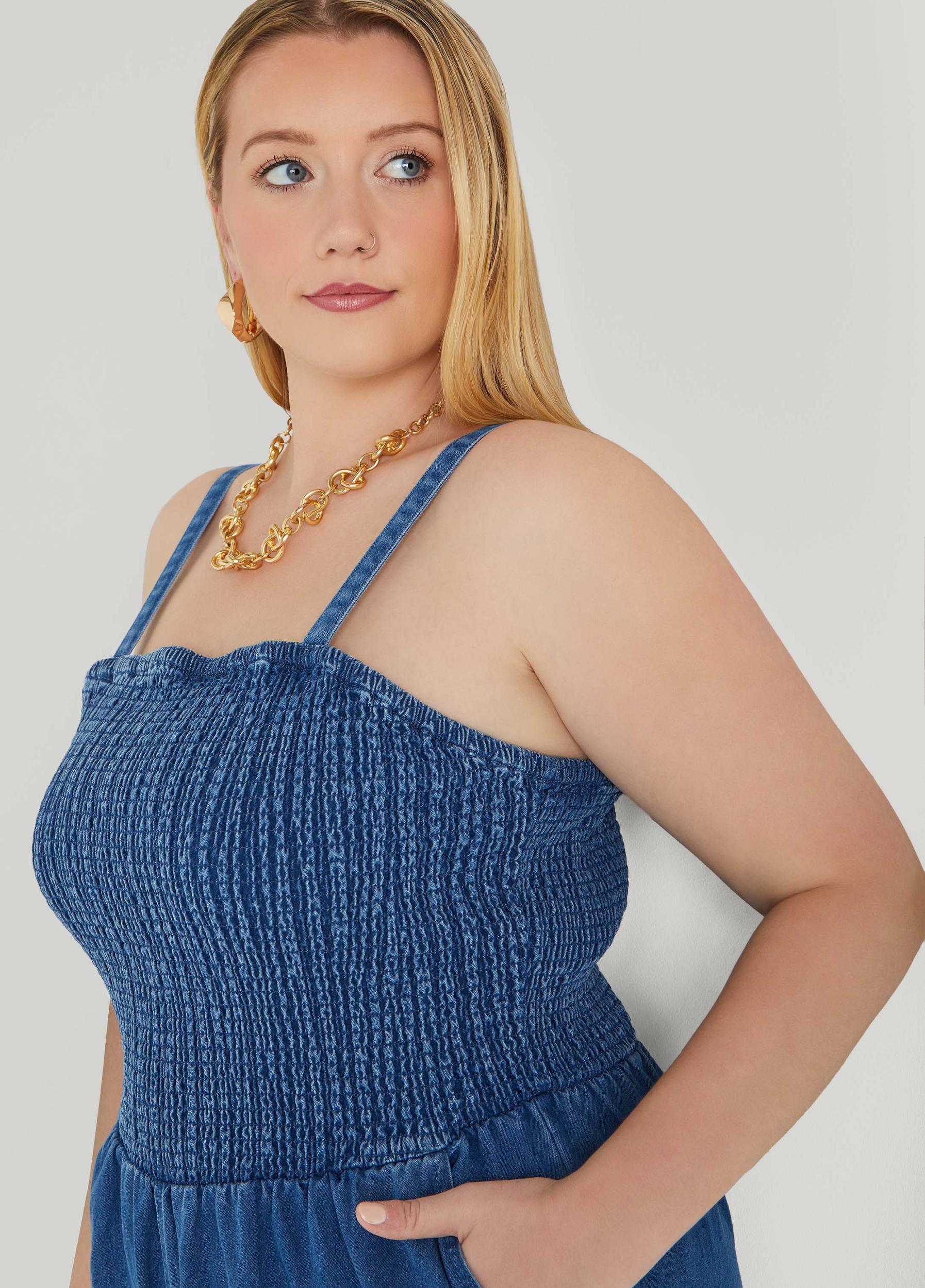 Plus Size Shirred Denim Wide Leg Jumpsuit Ashley Stewart Product Image