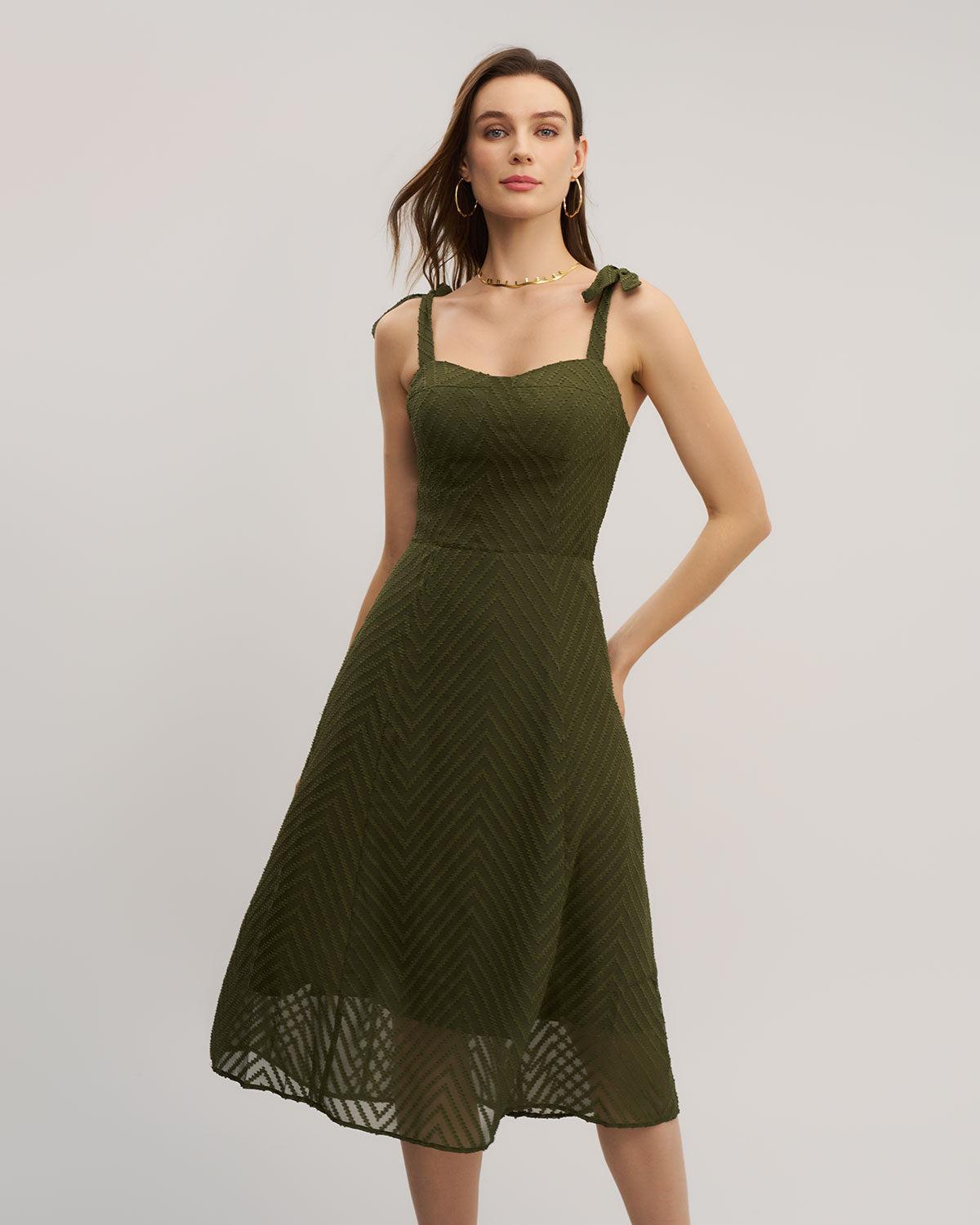 Green Sweetheart Neck Tie Strap Midi Dress Product Image