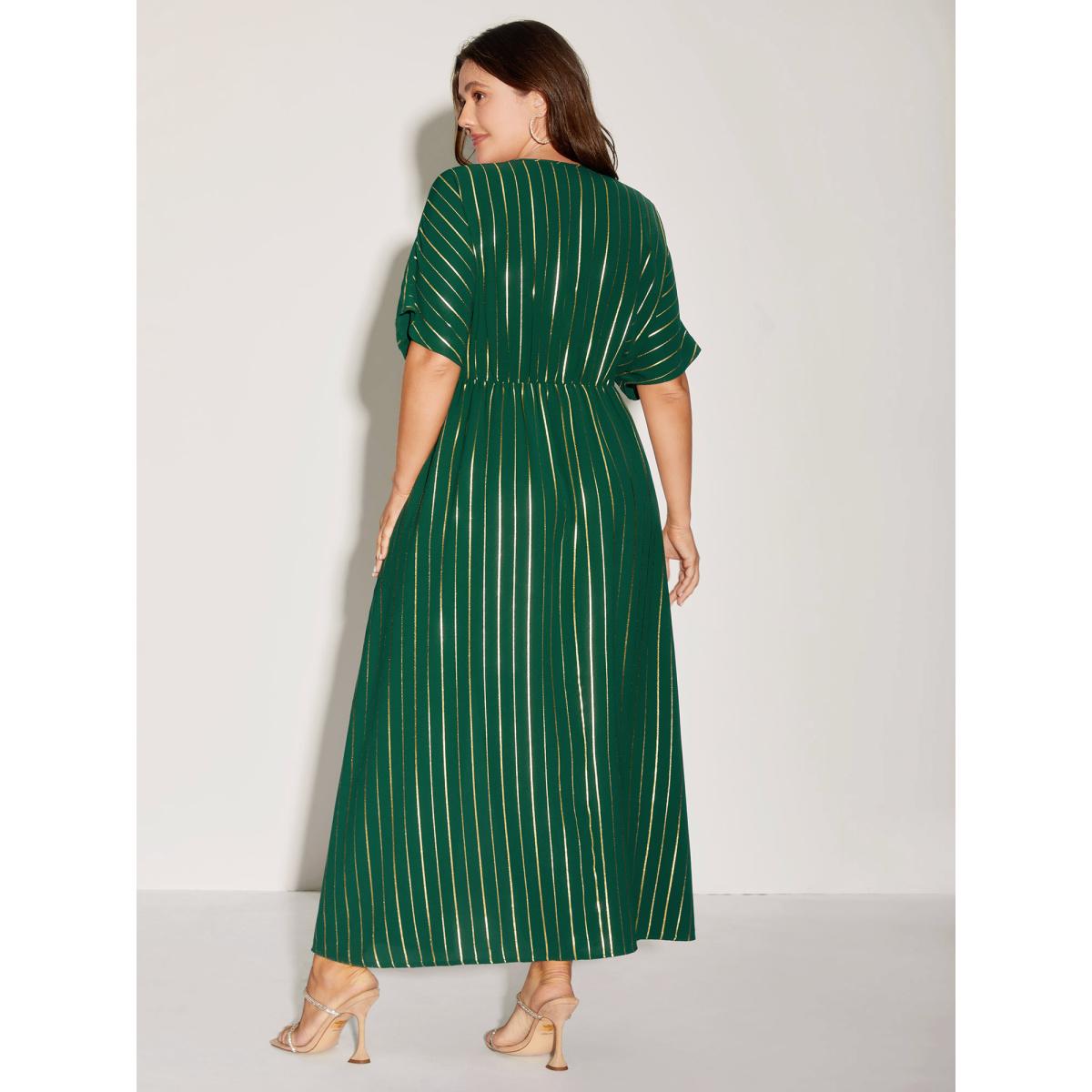 Plus Size Gold Shimmery Stripes Pockets Midi Dress DarkGreen Women Party&Cocktail V-neck Short sleeve Curvy BloomChic 12/L Product Image