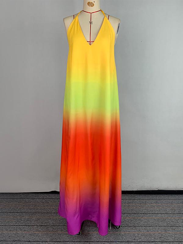 Loose Sleeveless Backless Contrast Color Pleated Split-Joint Tied Spaghetti-Neck Maxi Dresses Product Image